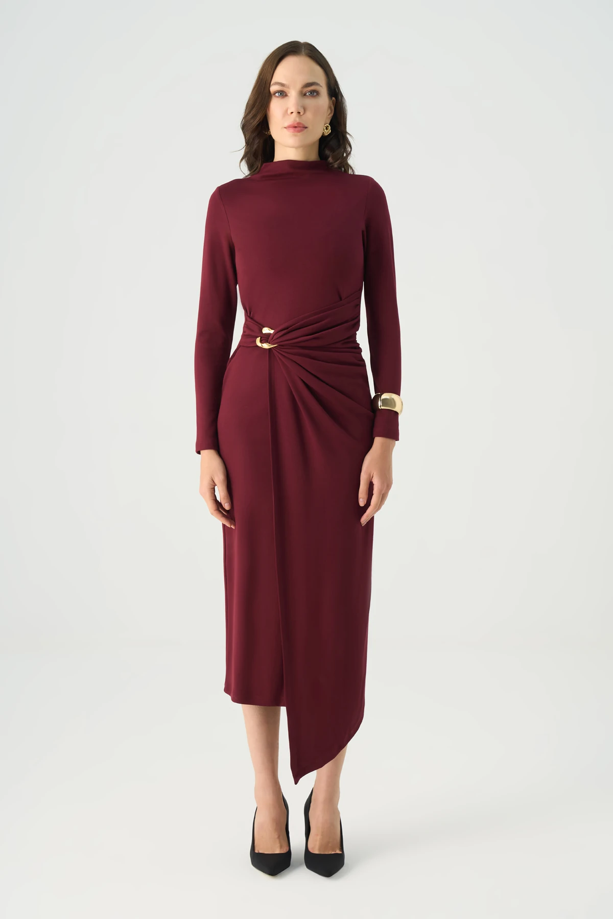 Gold aksesuarlı örme elbise DK-9989