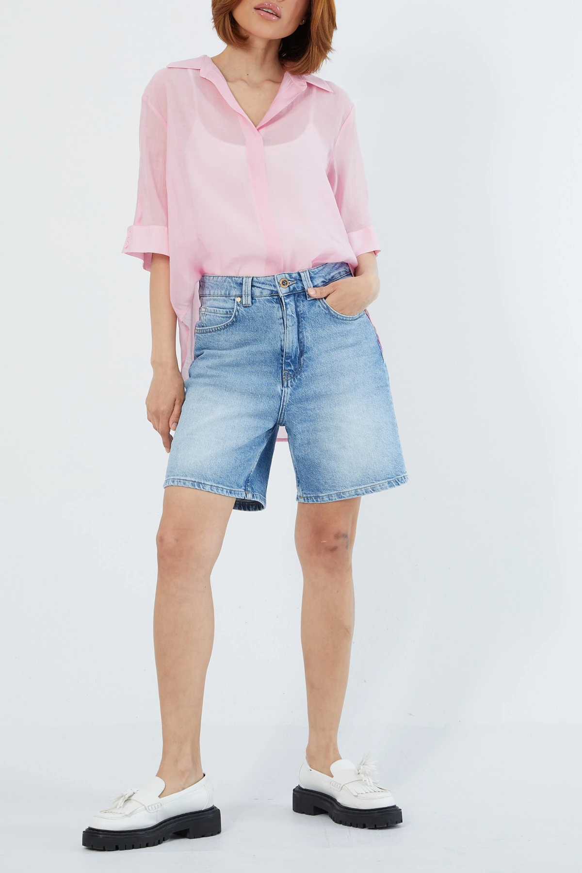 Gömlek yaka naturel bluz EL-1653