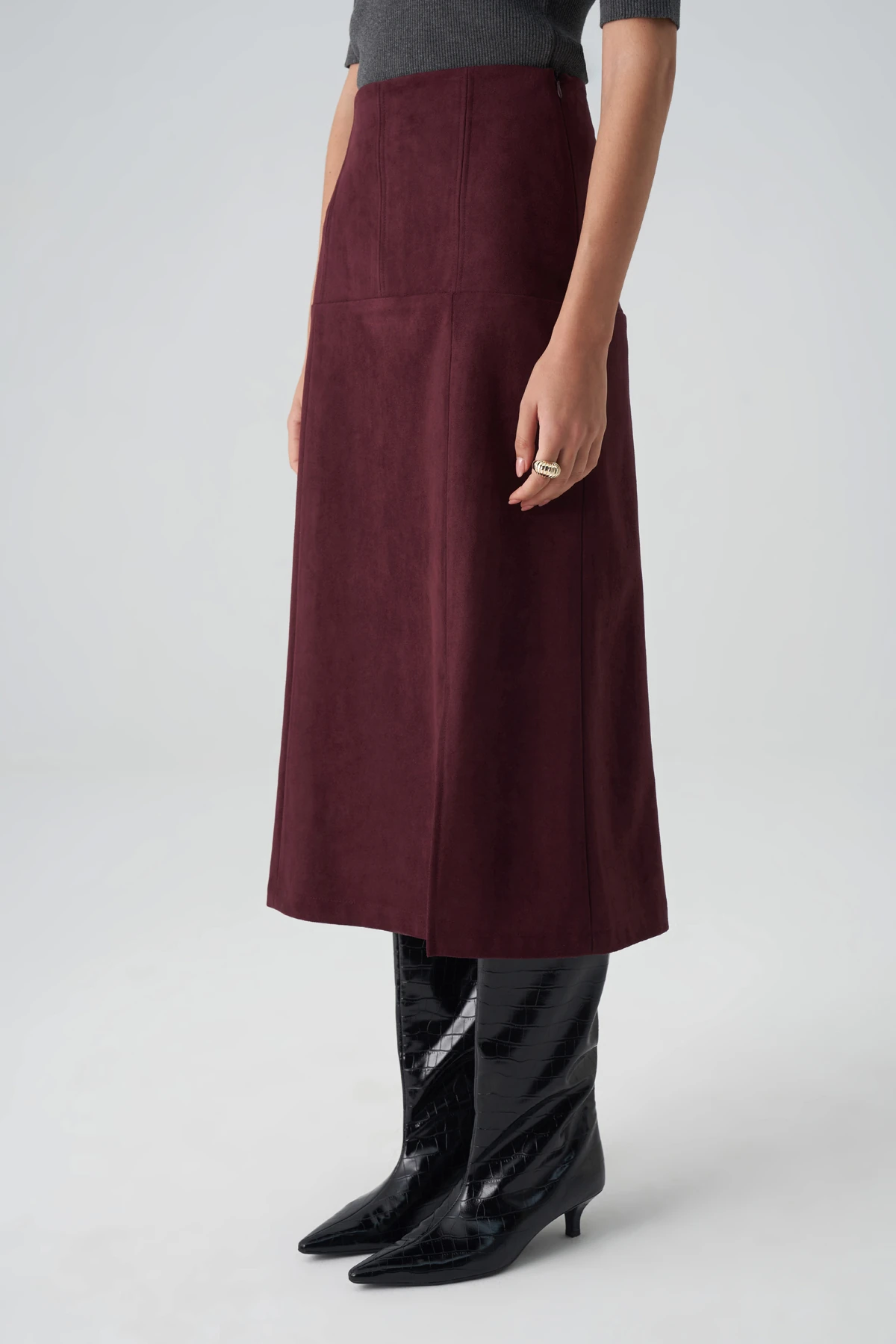 Bordo Süet Görünümlü Yüksek Bel Midi Etek