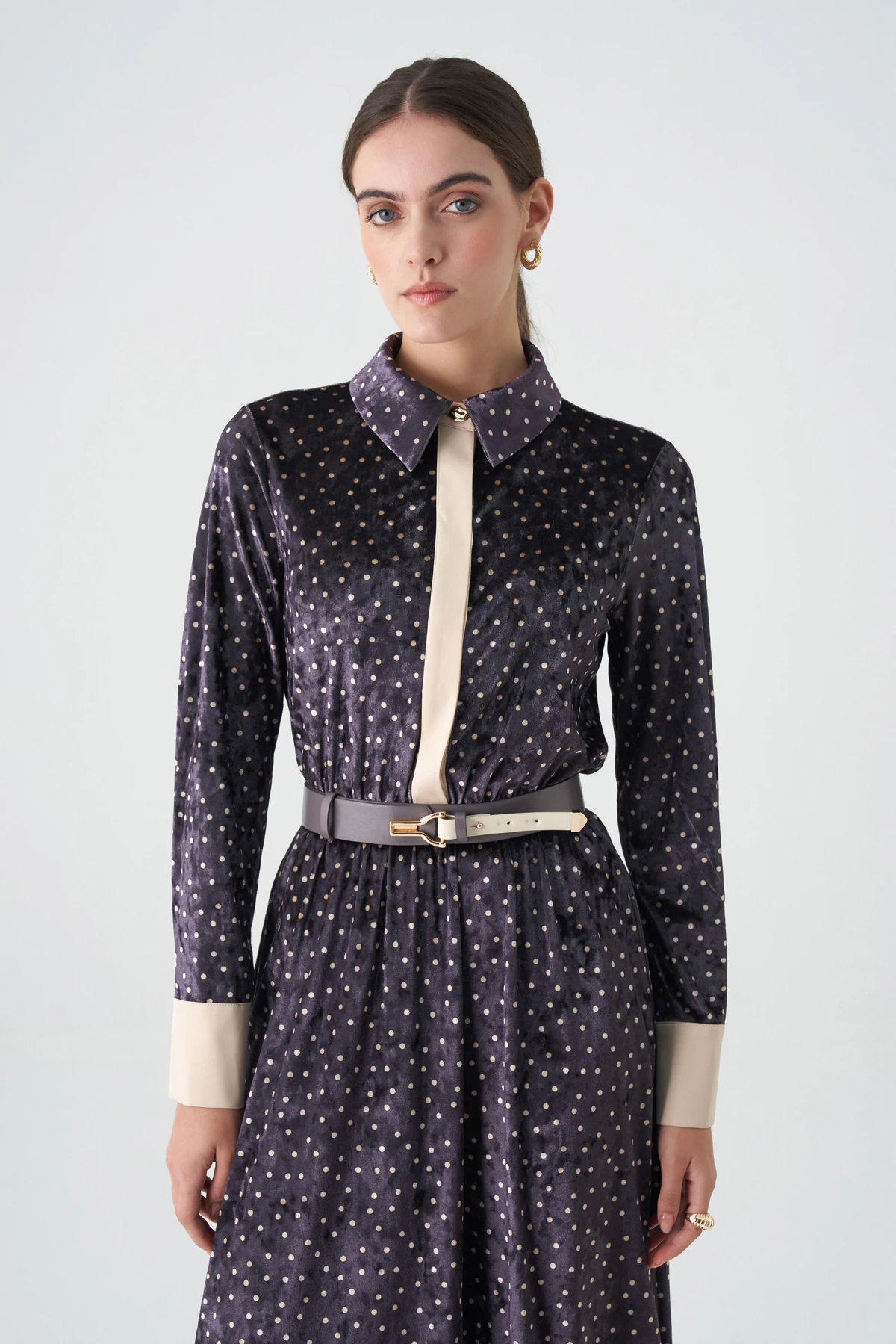 Saten garnili empirme kadife elbise EL-4437