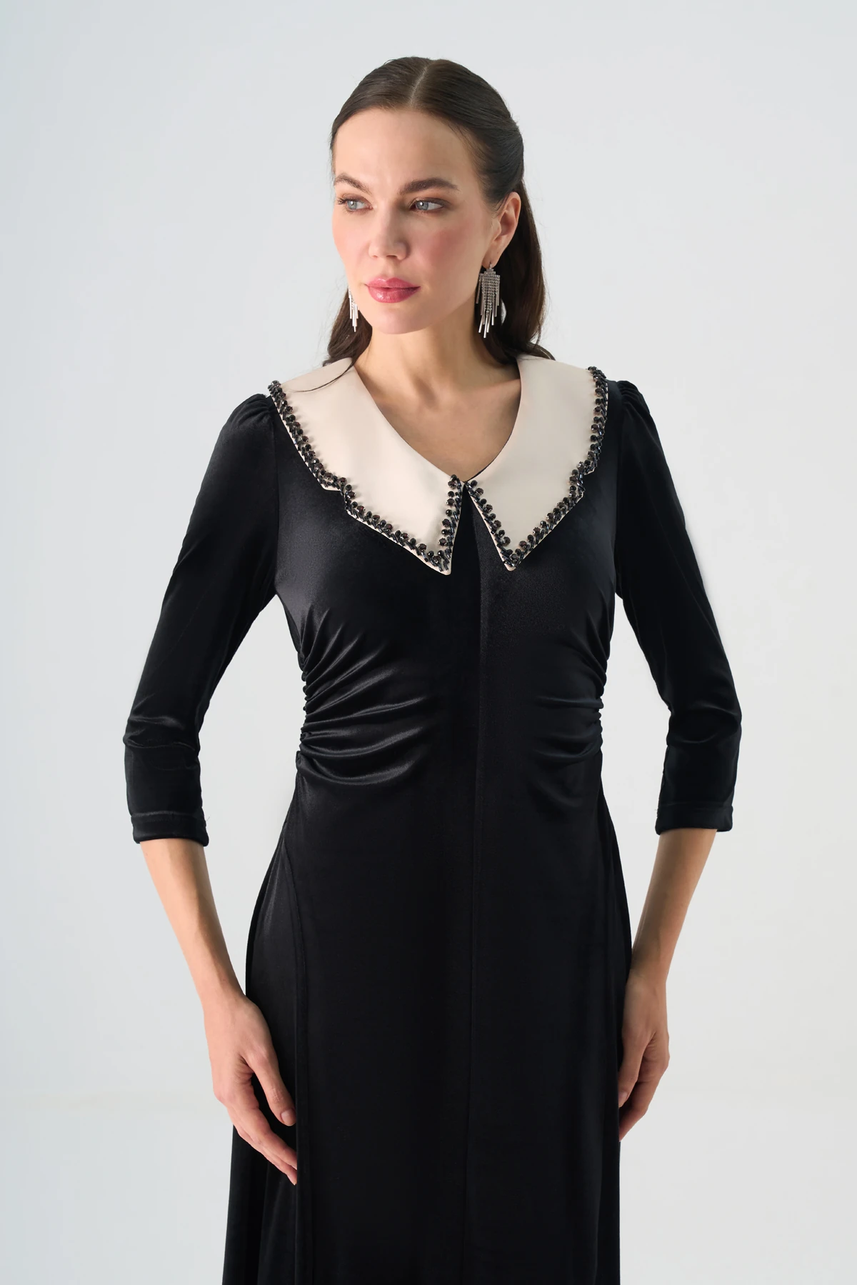 Drapeli Kadife Görünümlü Midi Elbise EL-4443