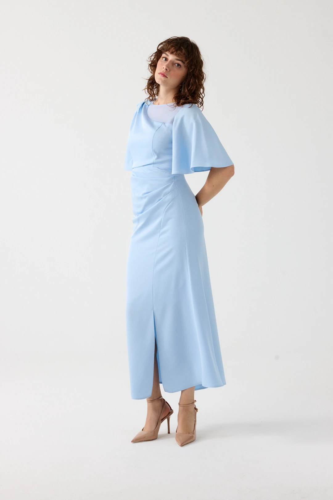 Asimetrik yaka elbise EL-4357 - BEBE MAVİSİ