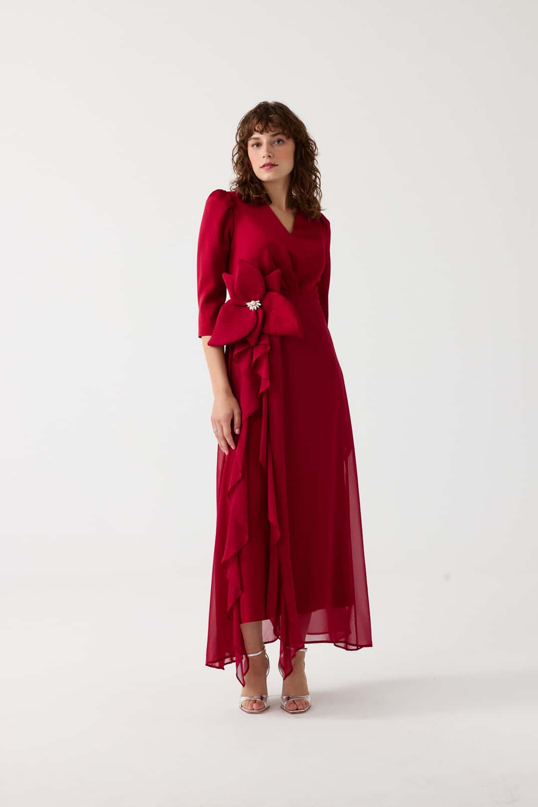 Çiçek aksesuarlı şık elbise EL-4361 - BORDO