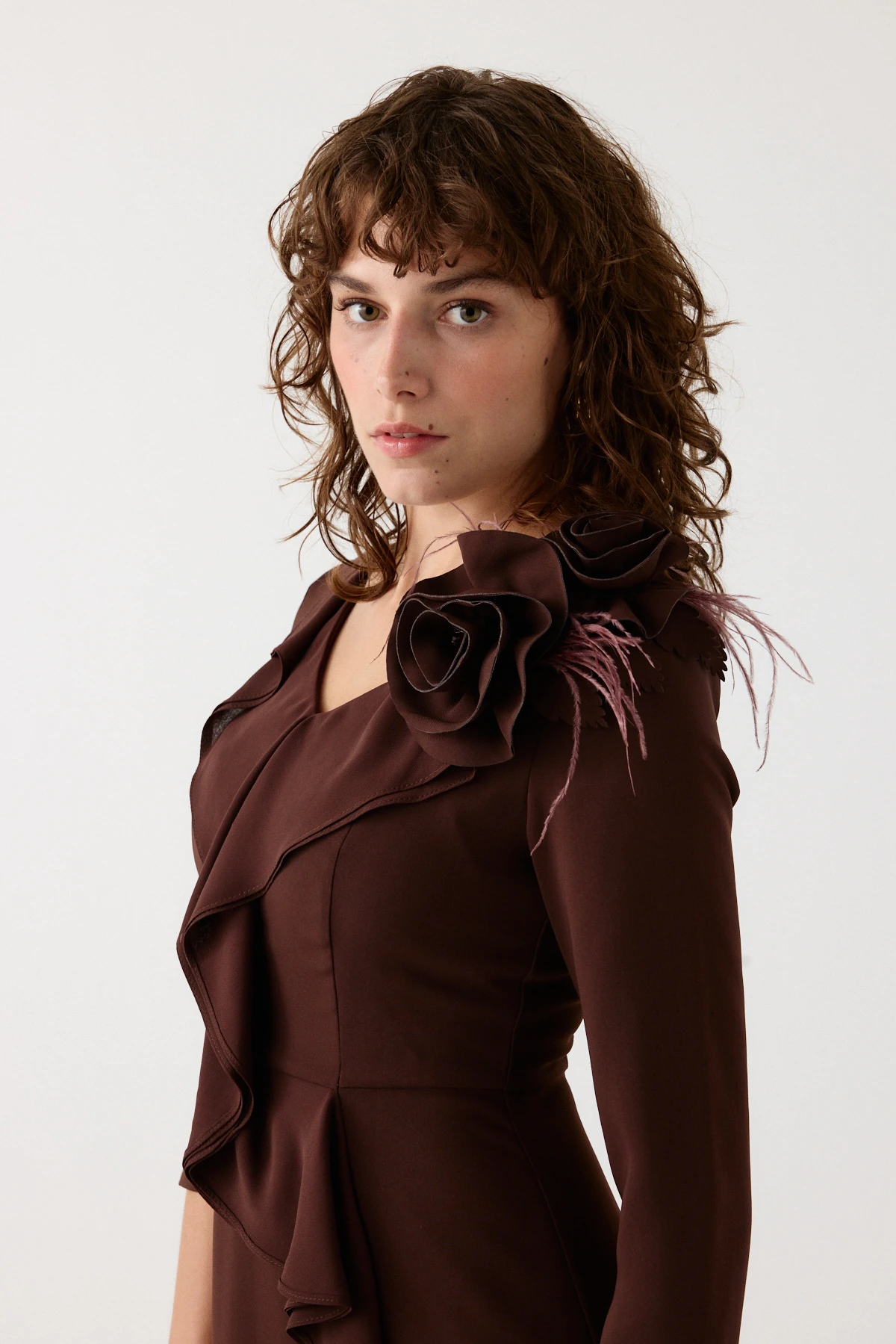 Şifon volanlı çiçekli kokteyl elbise EL-4380