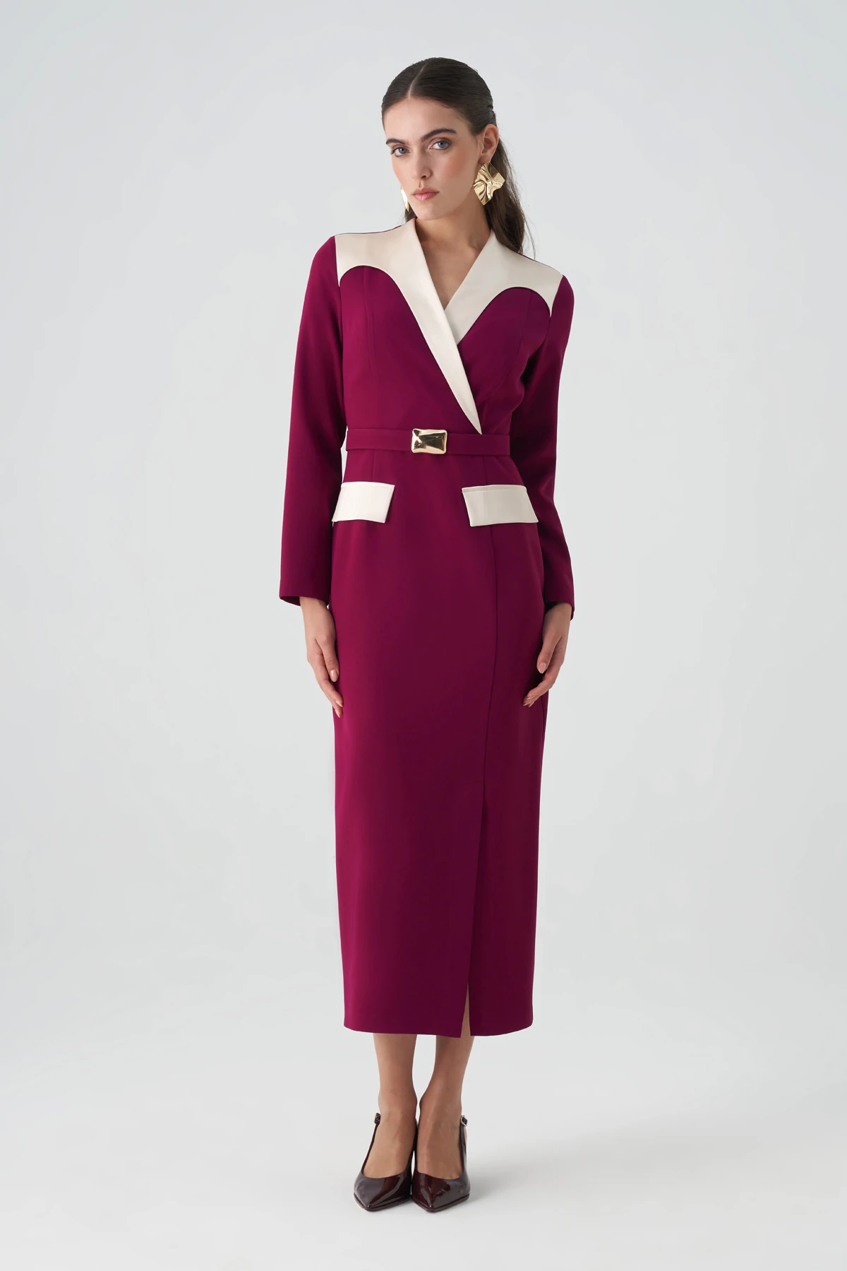 Saten garnili kruvaze midi krep elbise EL-4433