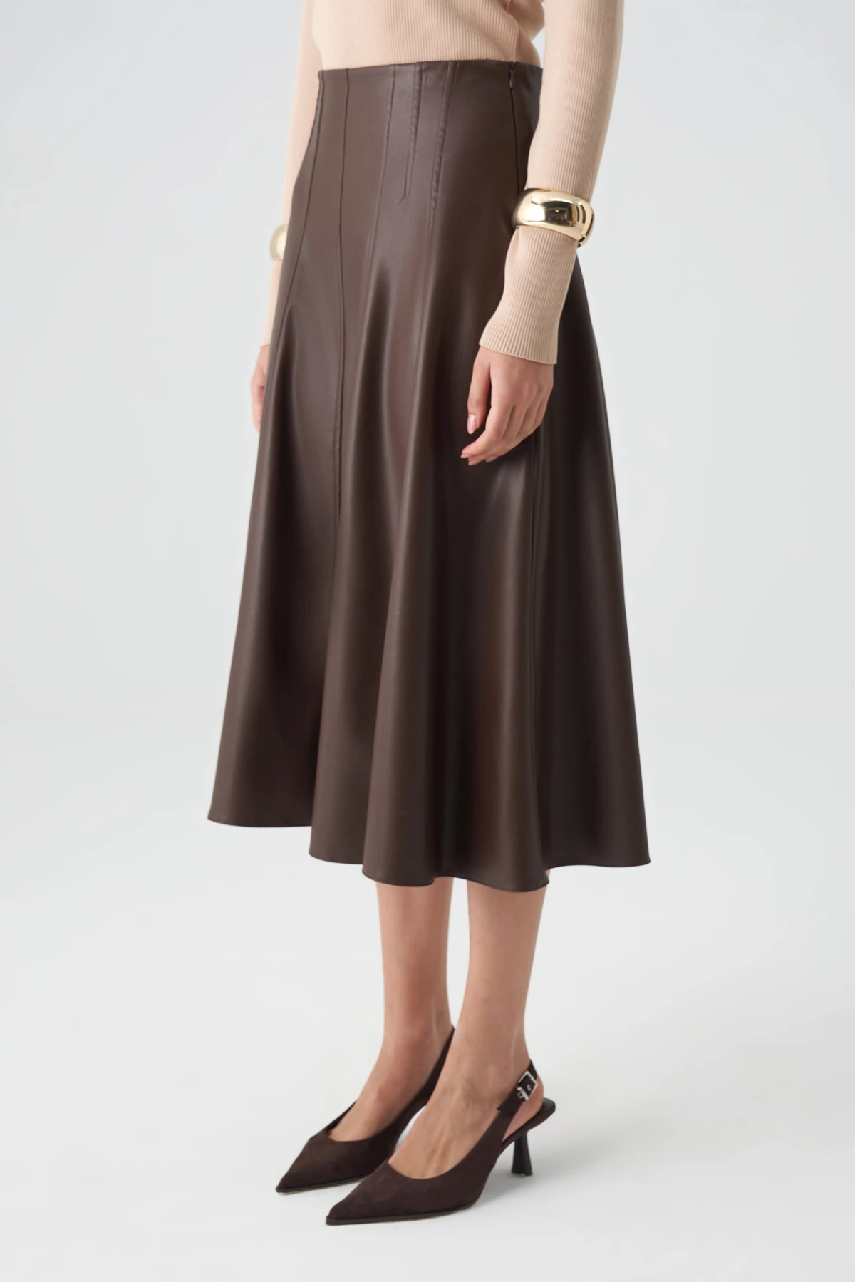 Kulp detaylı midi deri etek EL-1275