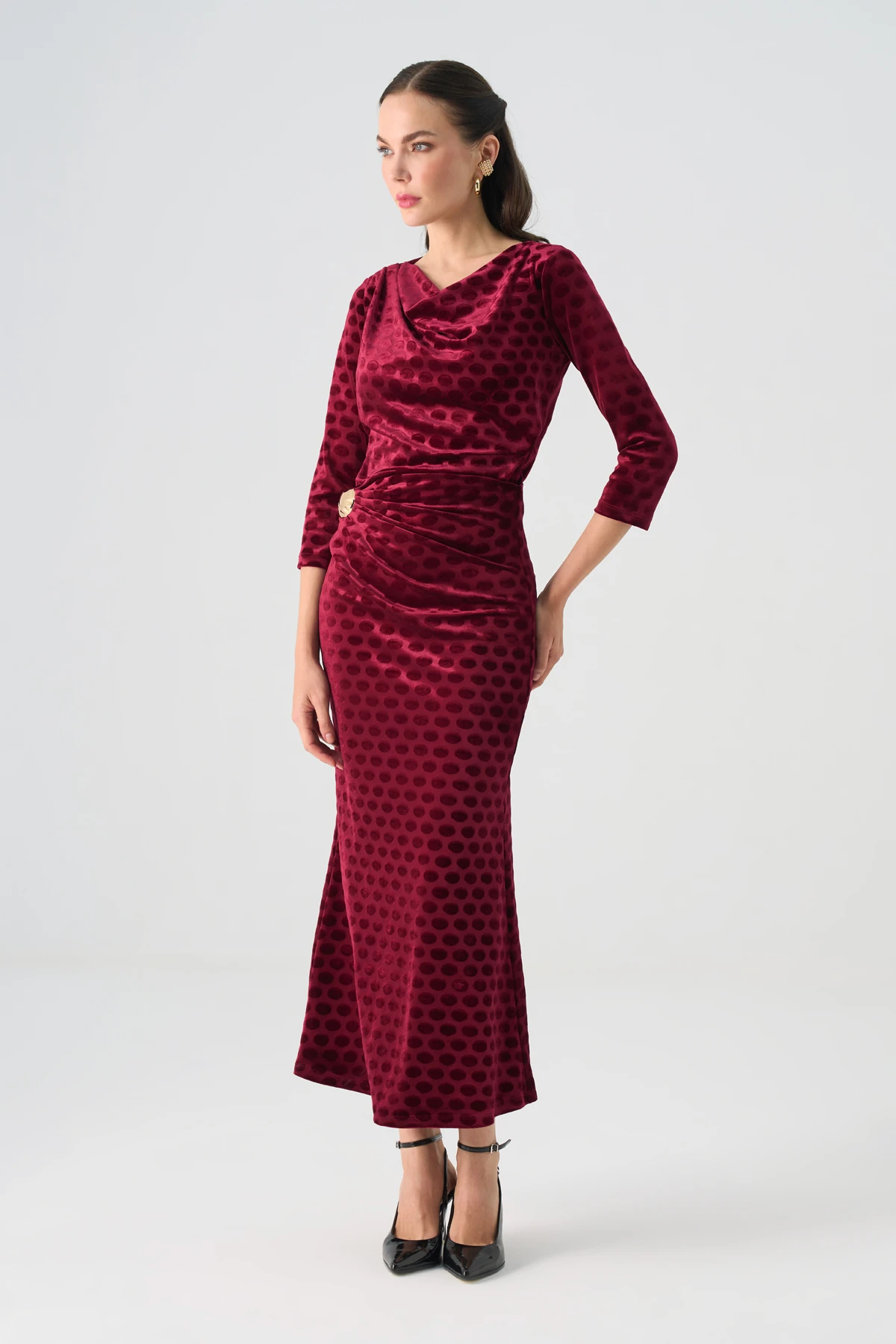 Degaje Yakalı Beli Aksesuarlı Kadife İkili Takım EL-2772