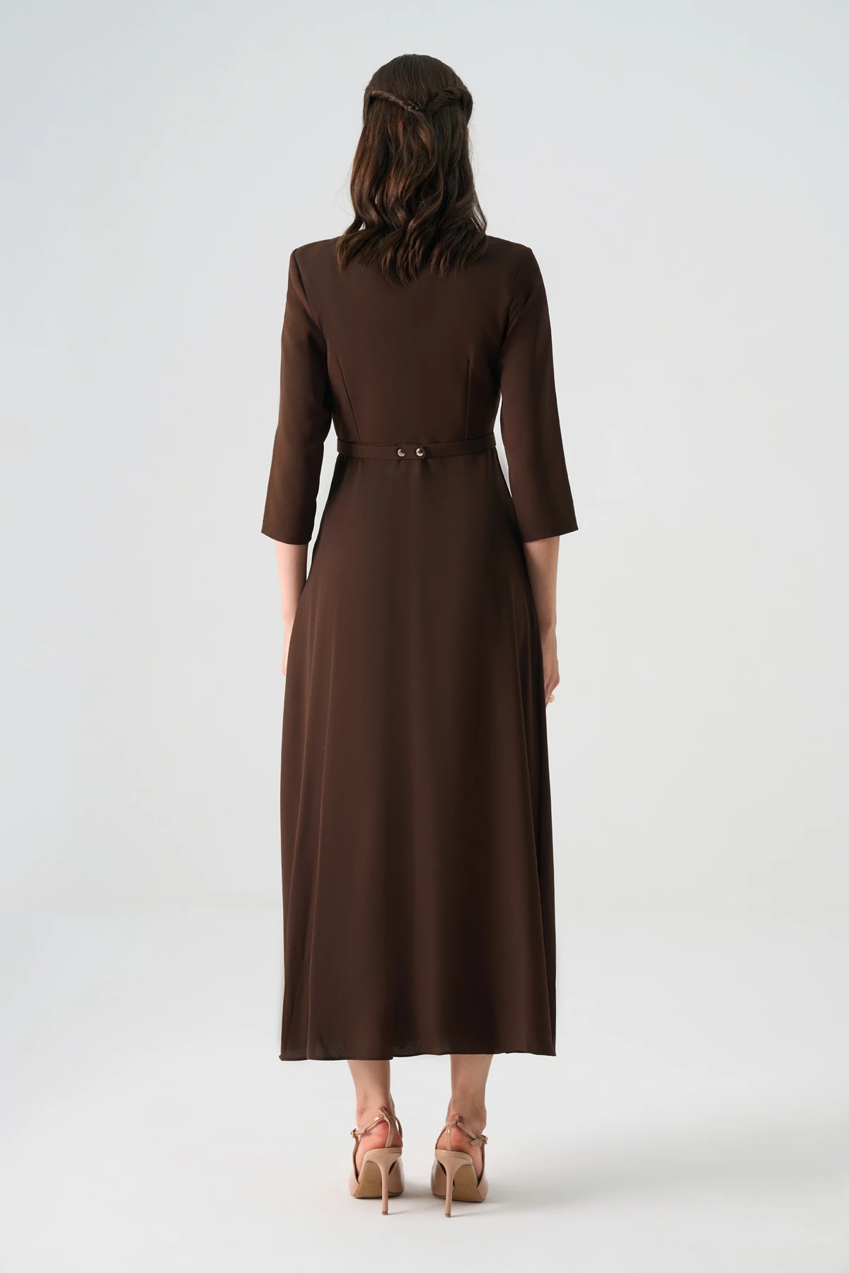 Yakası saten detaylı pilise midi krep elbise EL-4401