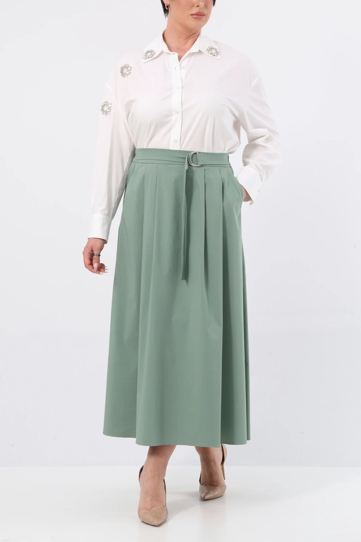 Metal aksesuarlı pileli etek EL-1194-B