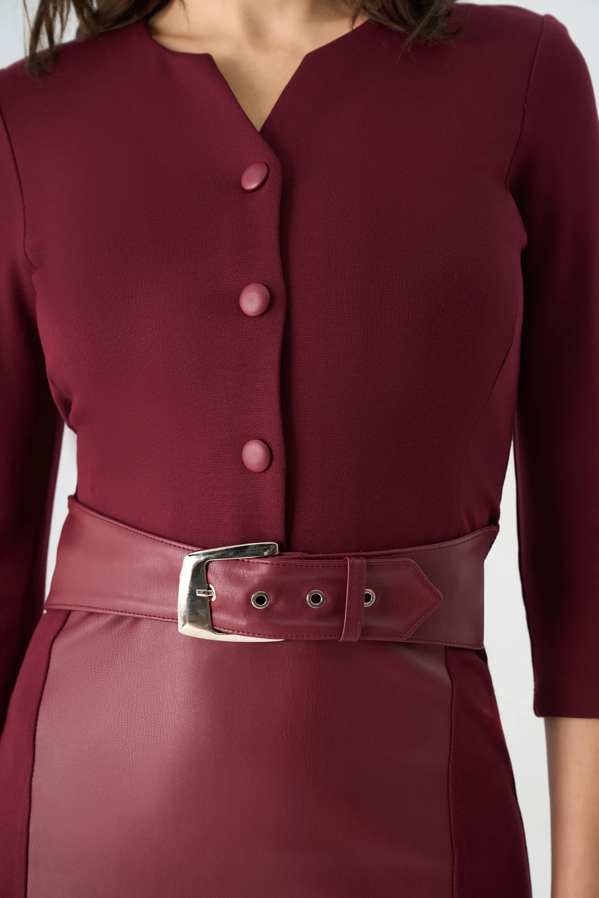 Bel kemerli örme ve deri karışım elbise EL-4424