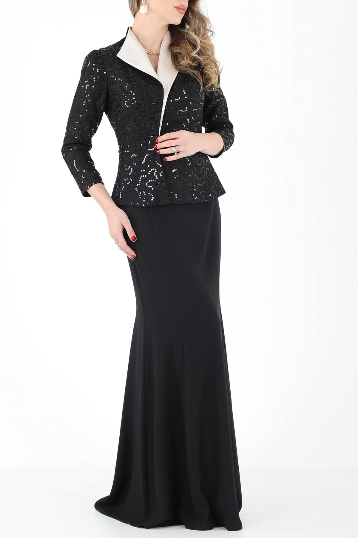 Fransız güpürlü saten garnili takım EL-2592 - SİYAH