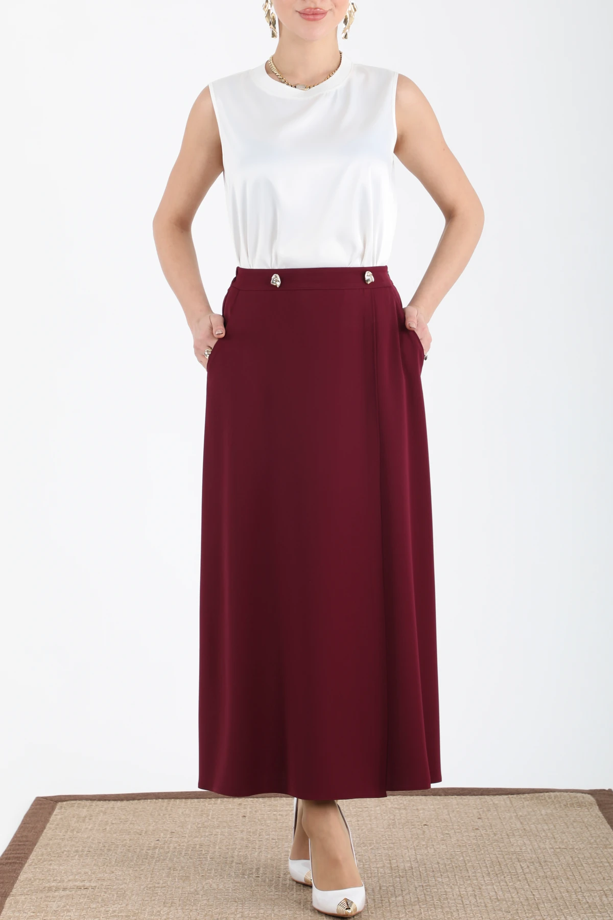 Metal aksesuarli midi etek EL-1176 - MOR