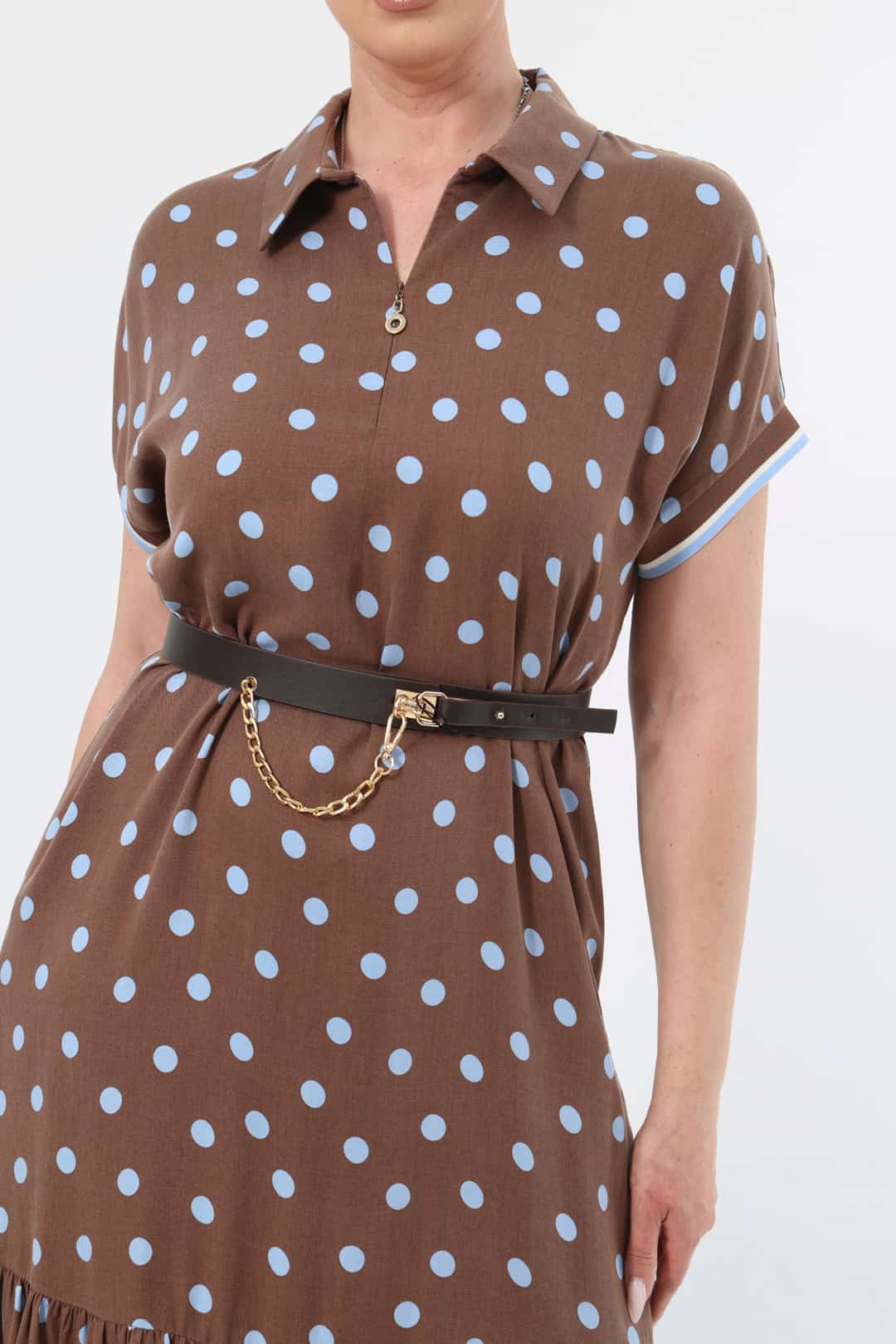 Kolu ribanali puanlı tencel elbise EL-4288-B