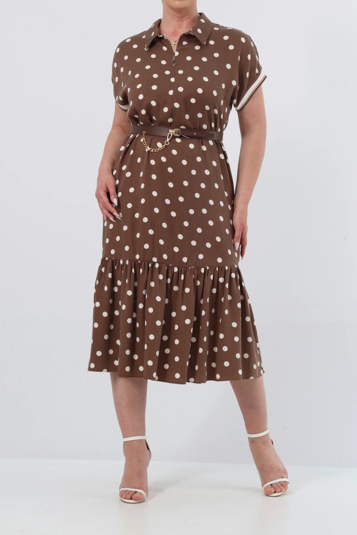 Kolu ribanali puanlı tencel elbise EL-4288-B