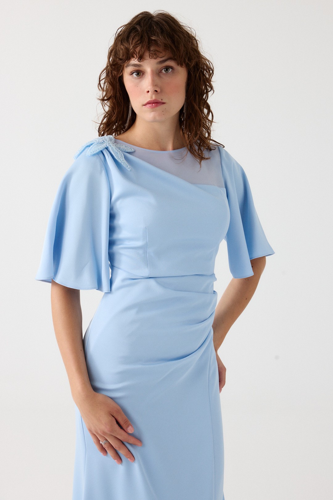 Asimetrik yaka elbise EL-4357 - BEBE MAVİSİ