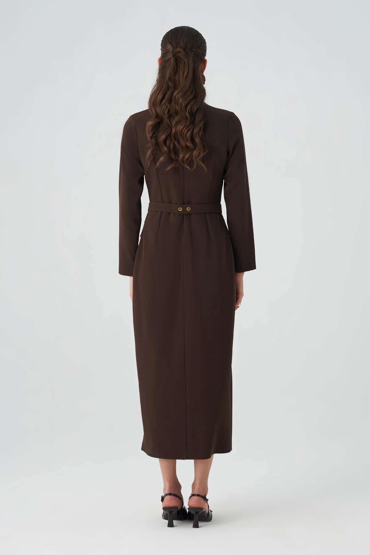 Saten garnili kruvaze midi krep elbise EL-4433