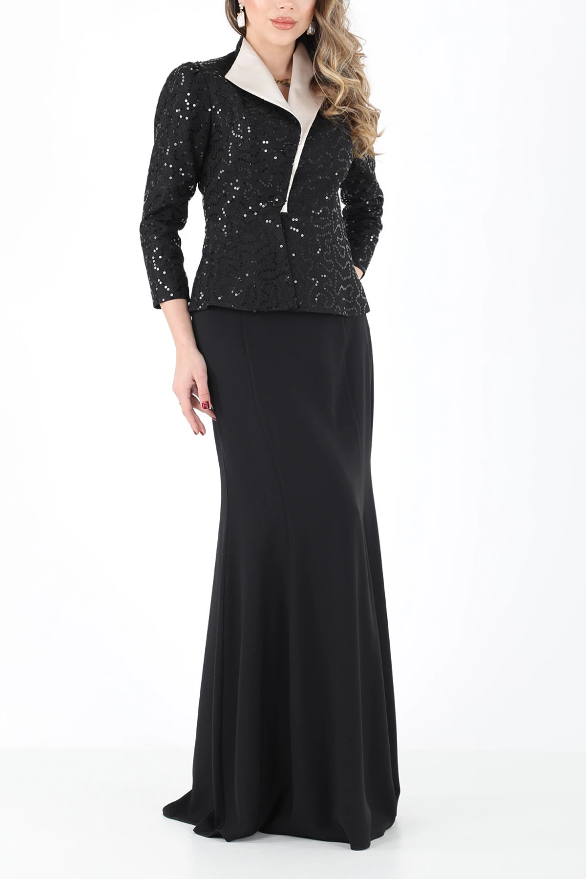 Fransız güpürlü saten garnili takım EL-2592 - SİYAH