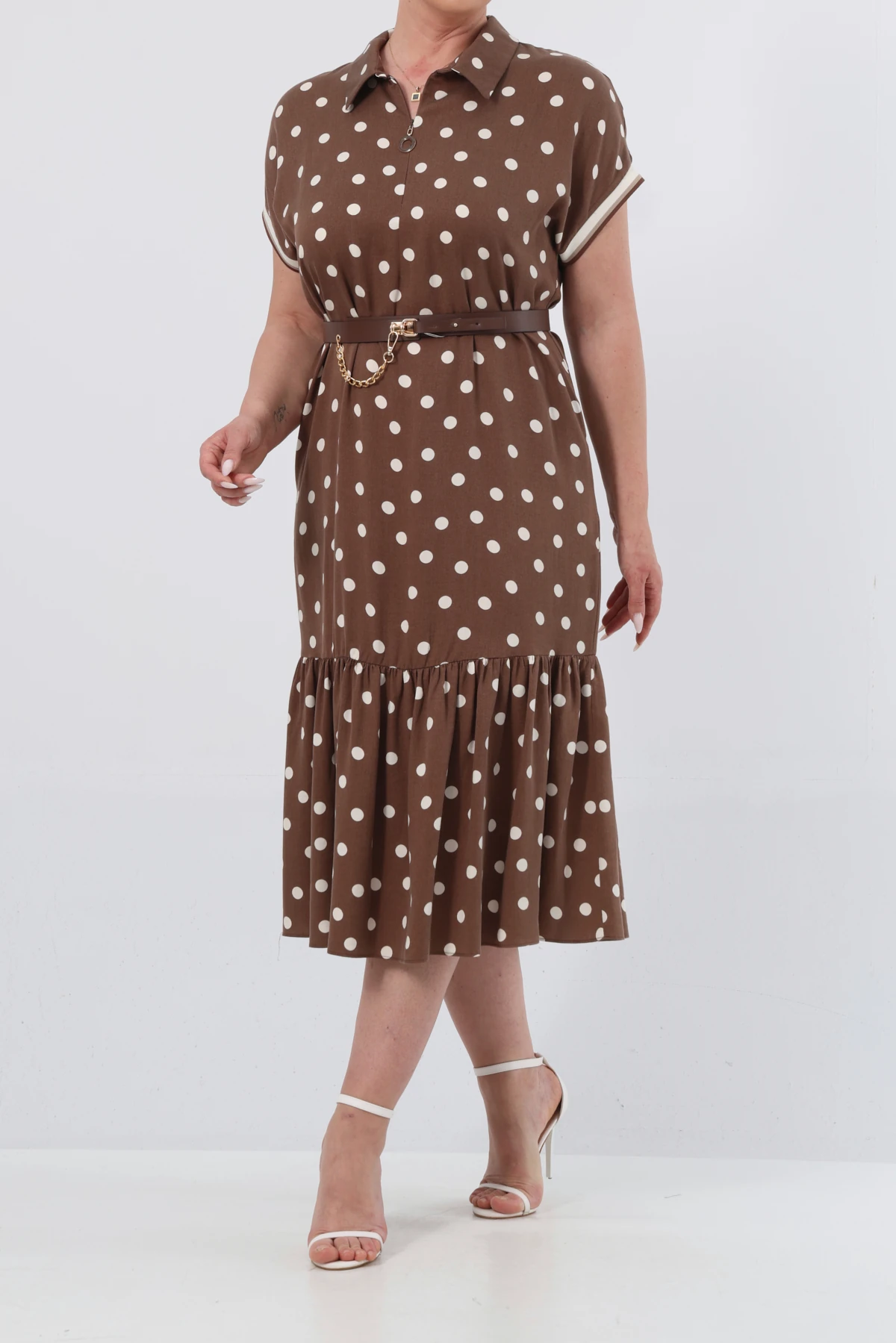 Kolu ribanali puanlı tencel elbise EL-4288-B