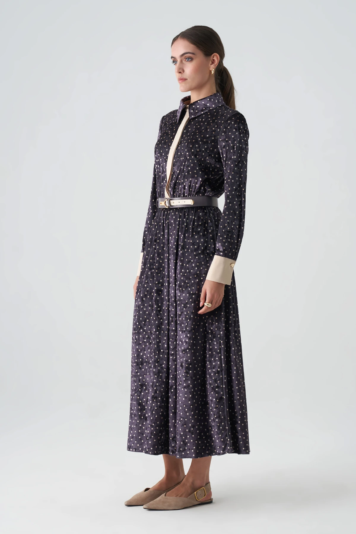 Saten garnili empirme kadife elbise EL-4437