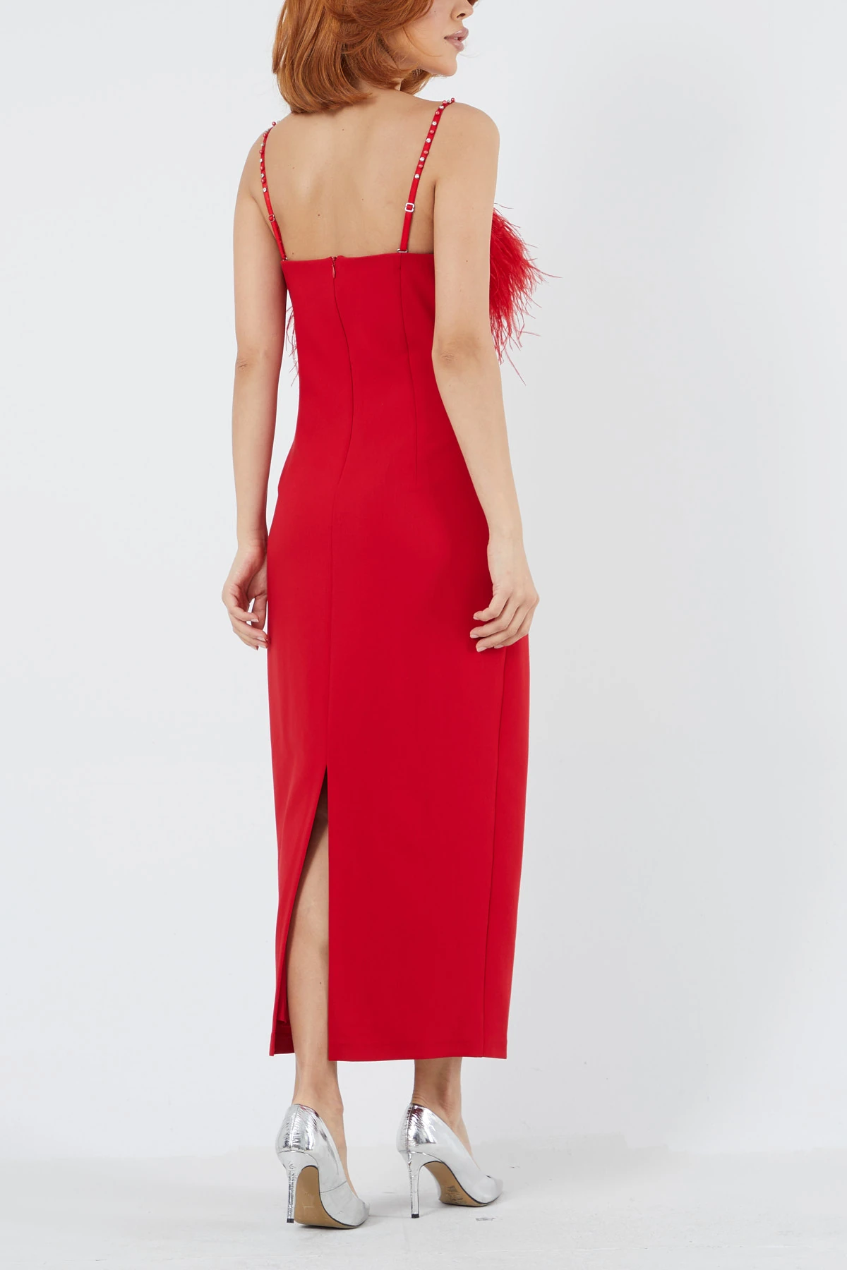 Tüy detaylı straplez midi boy elbise EL-3270