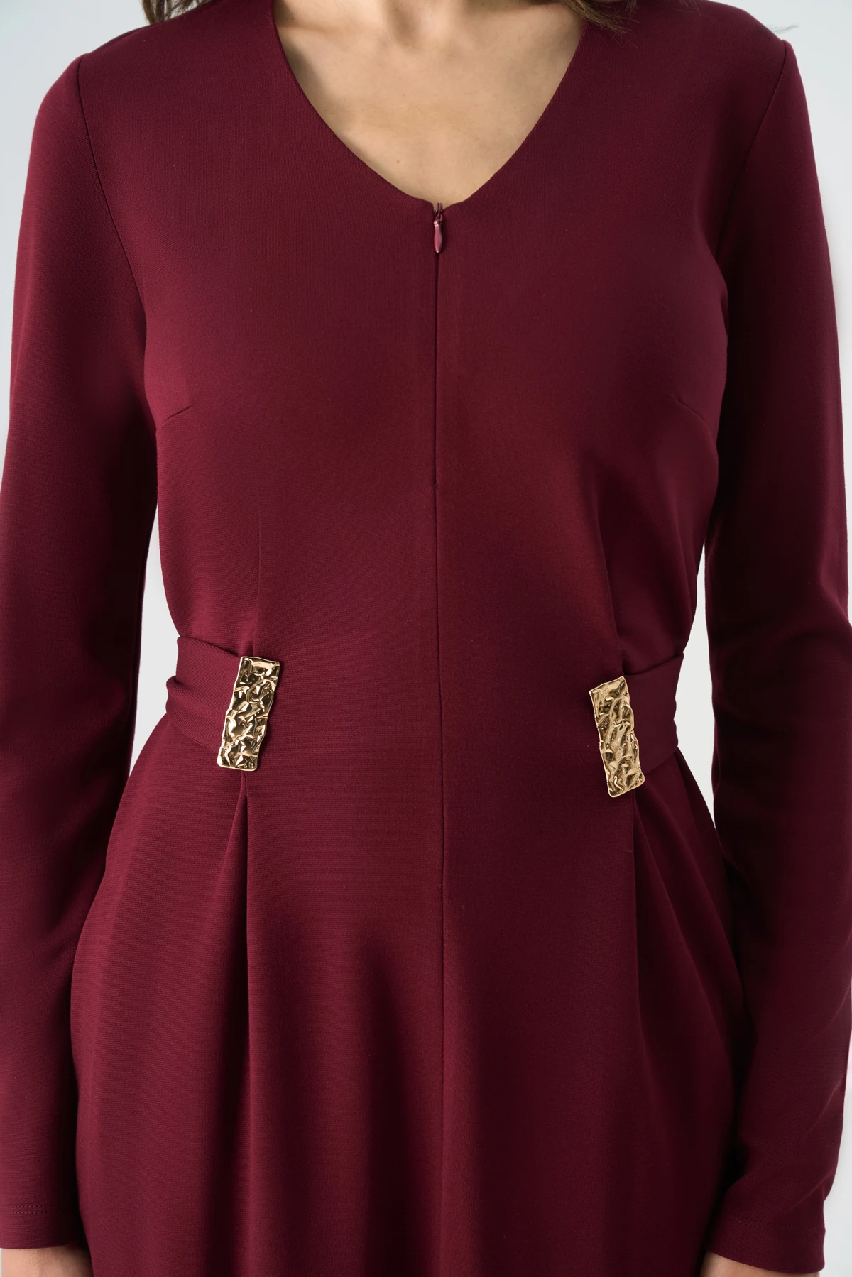 'V' yakalı belden kuşaklı örme elbise EL-4414