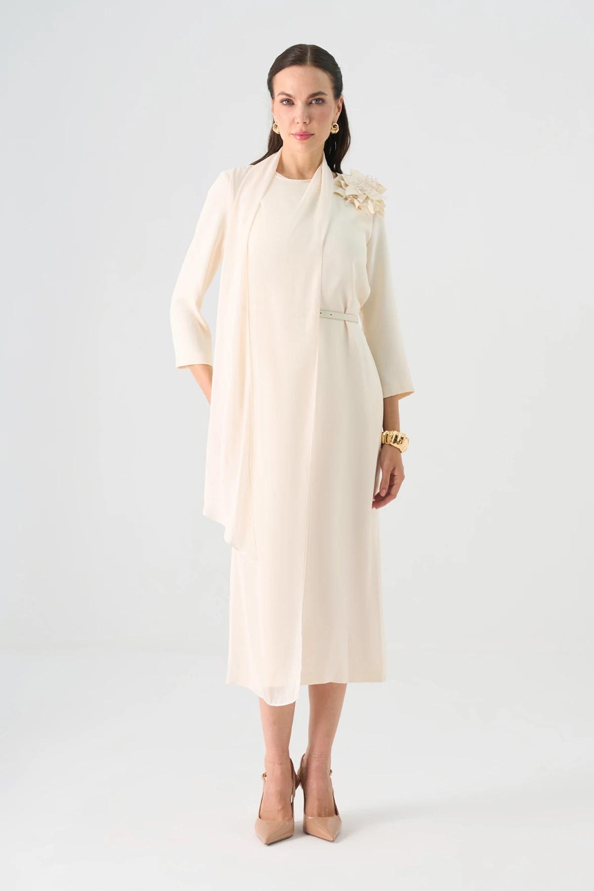 Asimetrik şifon garnili midi elbise EL-4382