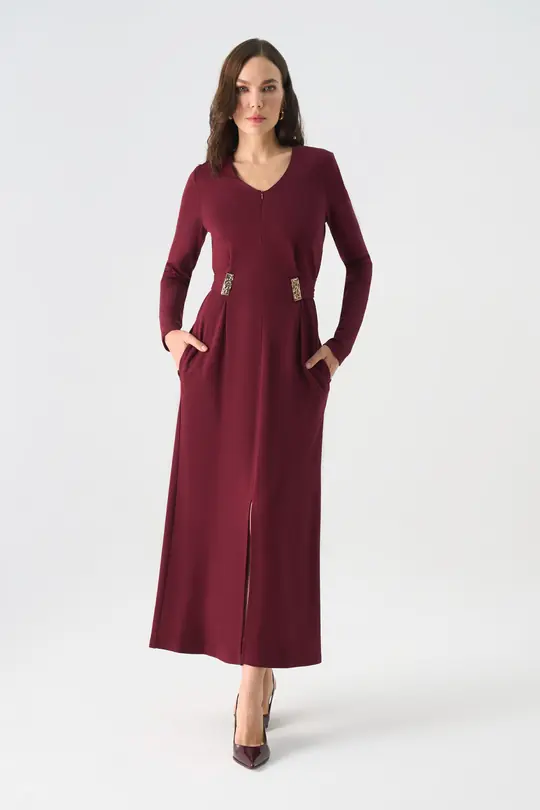 'V' yakalı belden kuşaklı örme elbise EL-4414