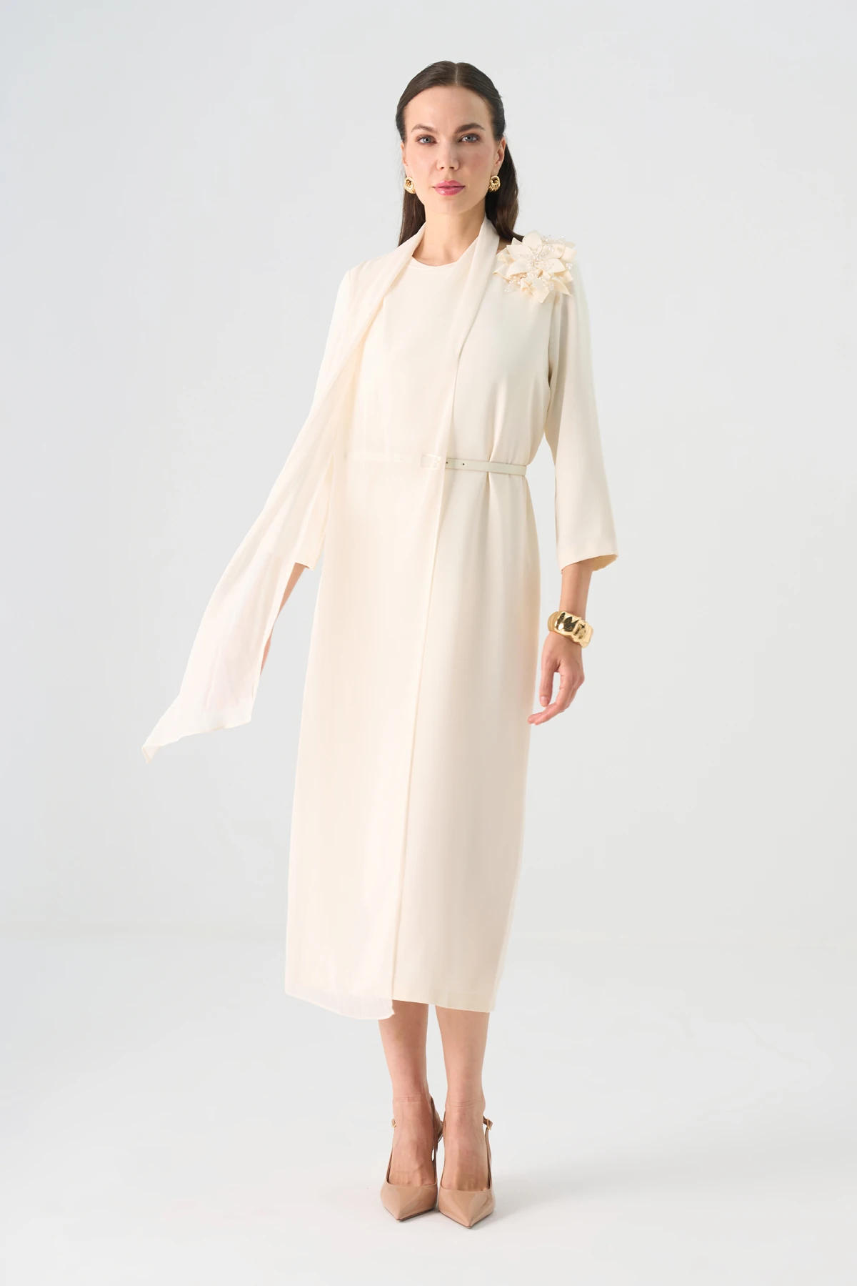 Asimetrik şifon garnili midi elbise EL-4382