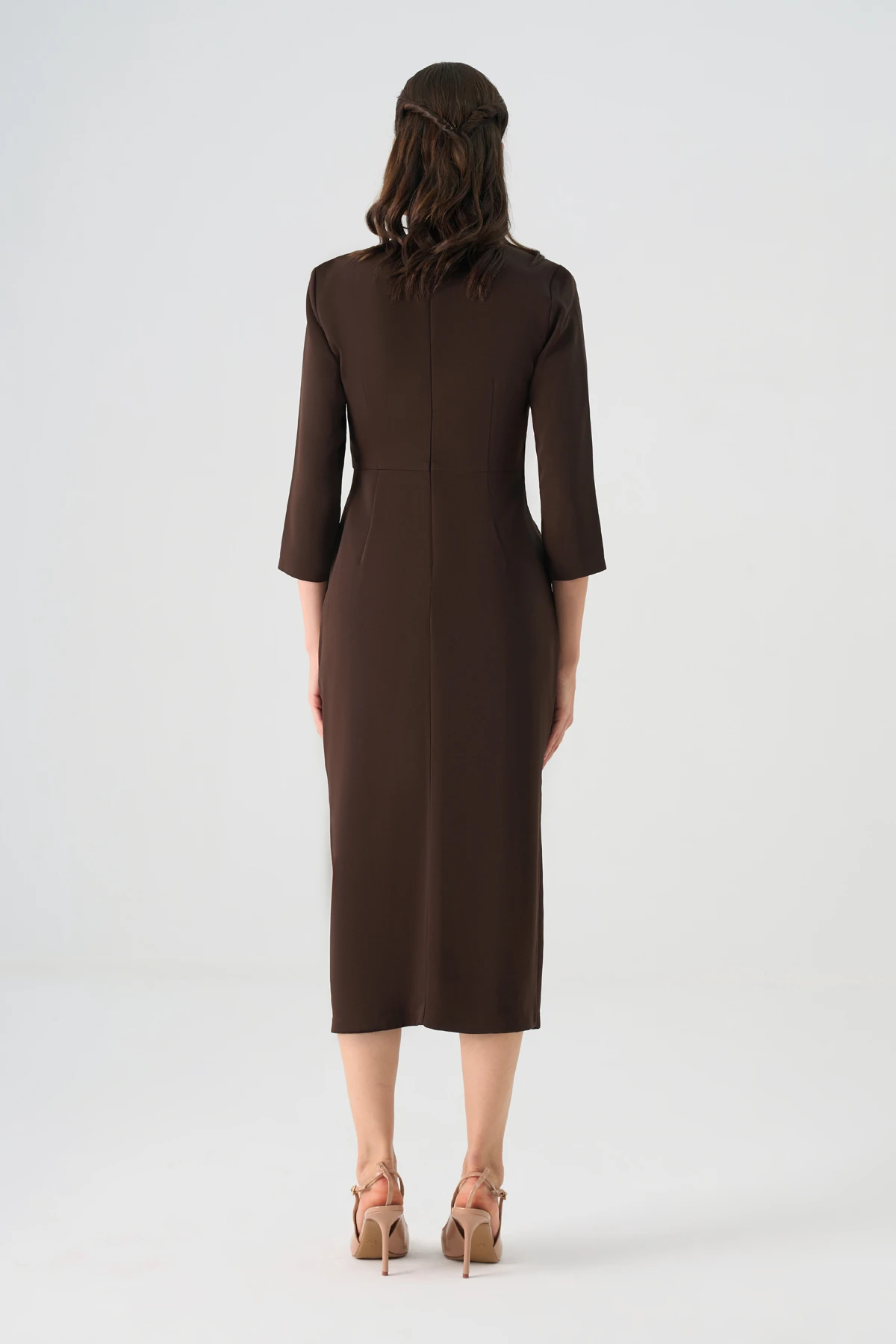 Degaje yaka şifon garnili midi elbise EL-4373-B