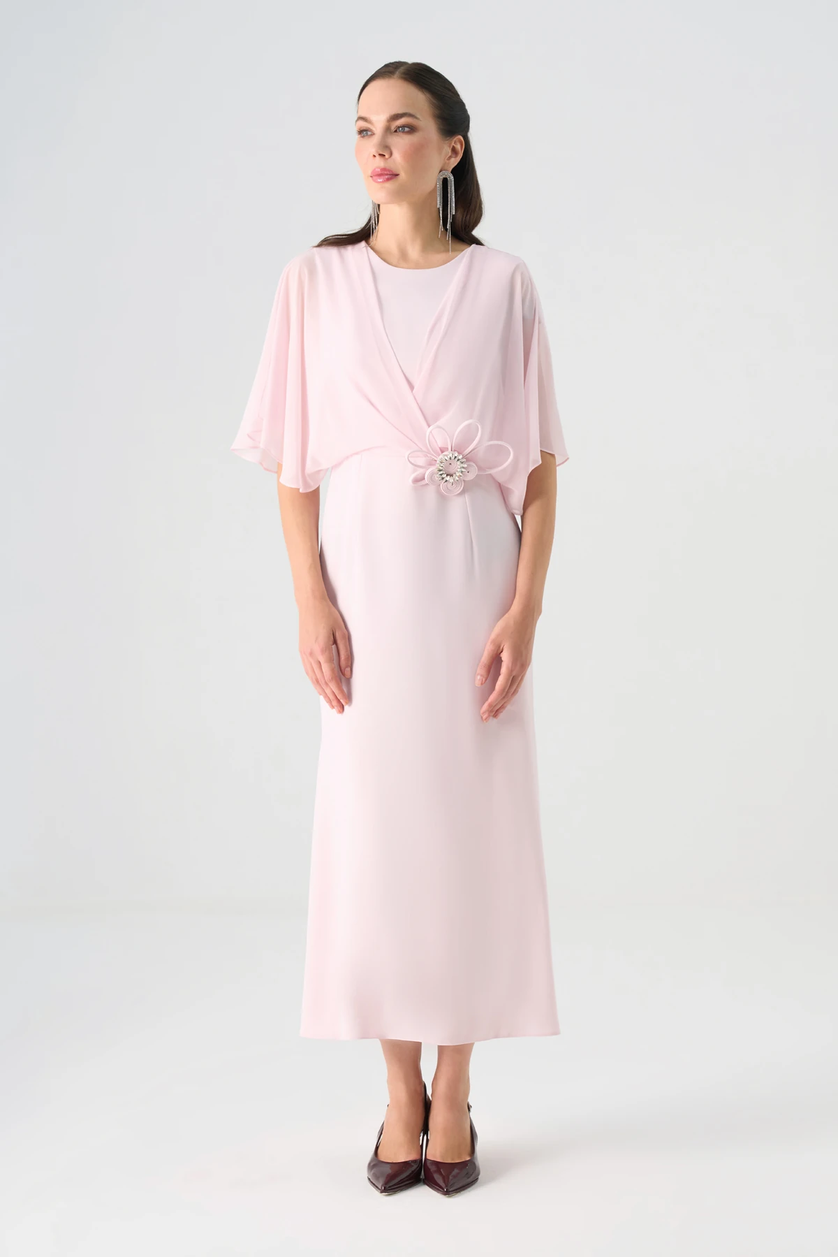 Şifon garnili yarasa kollu midi elbise EL-4353