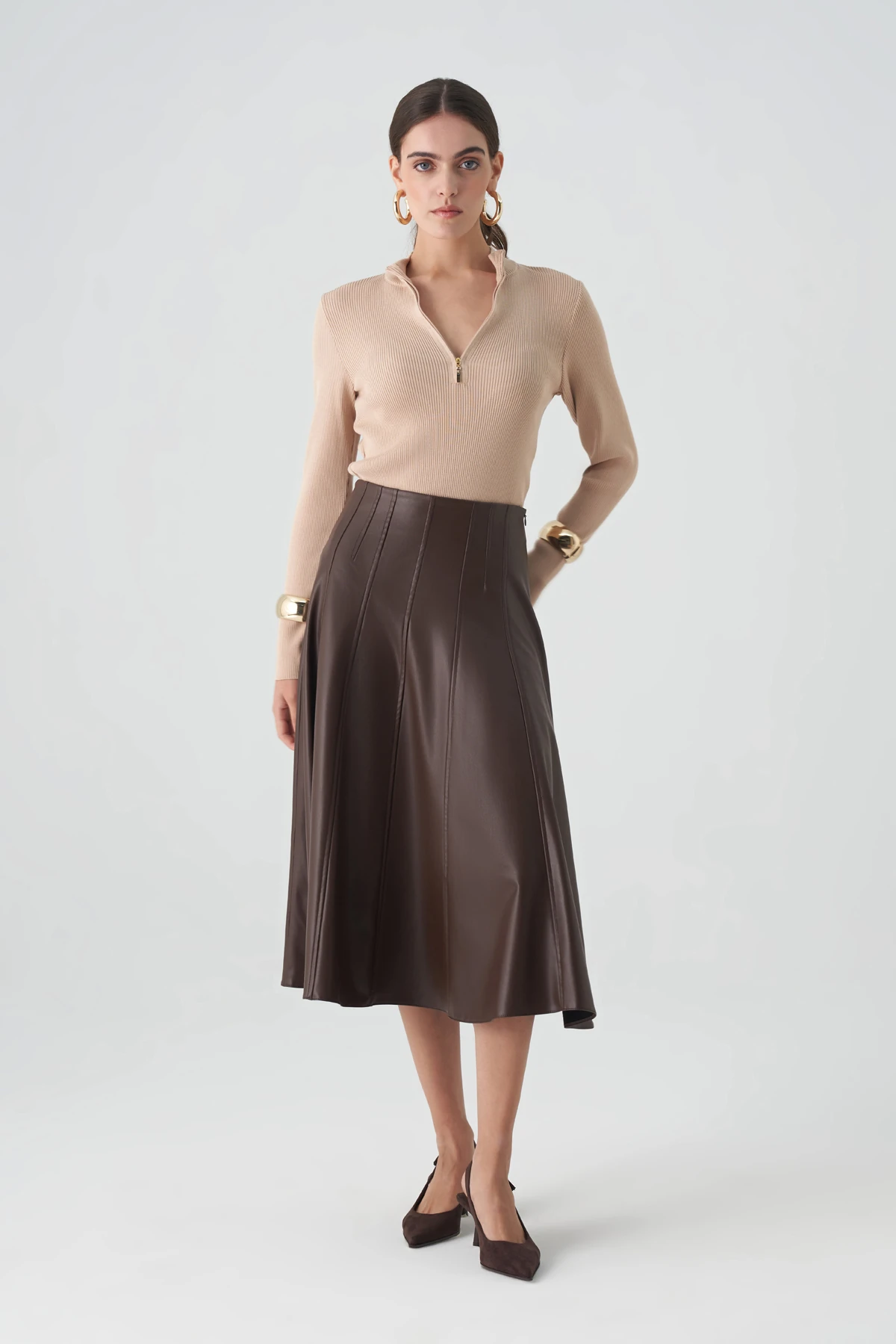 Kulp detaylı midi deri etek EL-1275