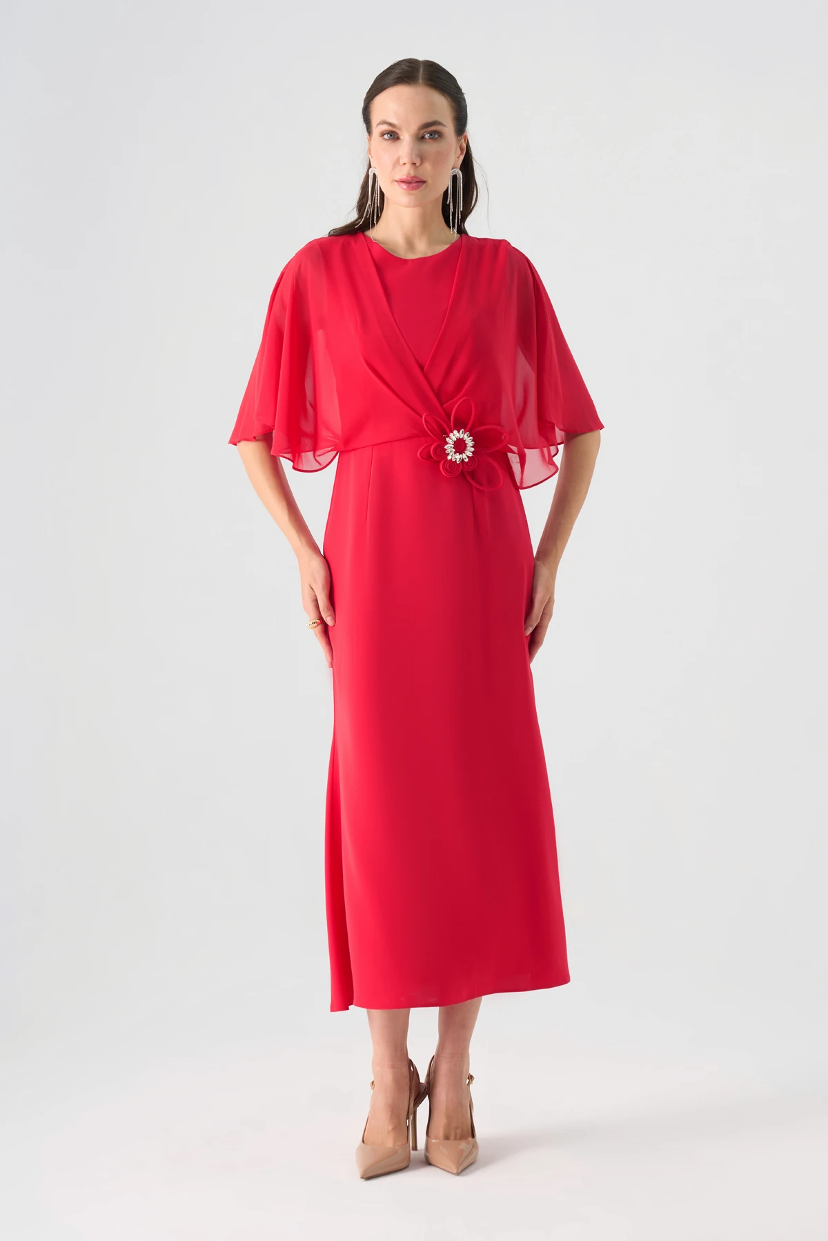 Şifon garnili yarasa kollu midi elbise EL-4353-B