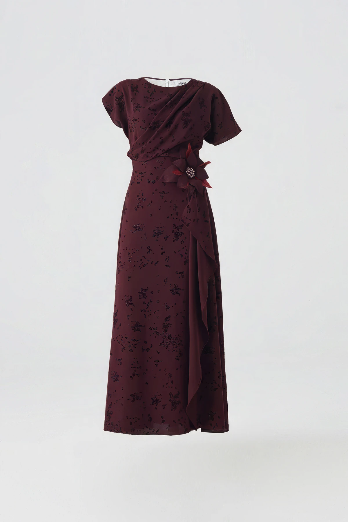 Kadife baskılı volanlı krep elbise EL-4439