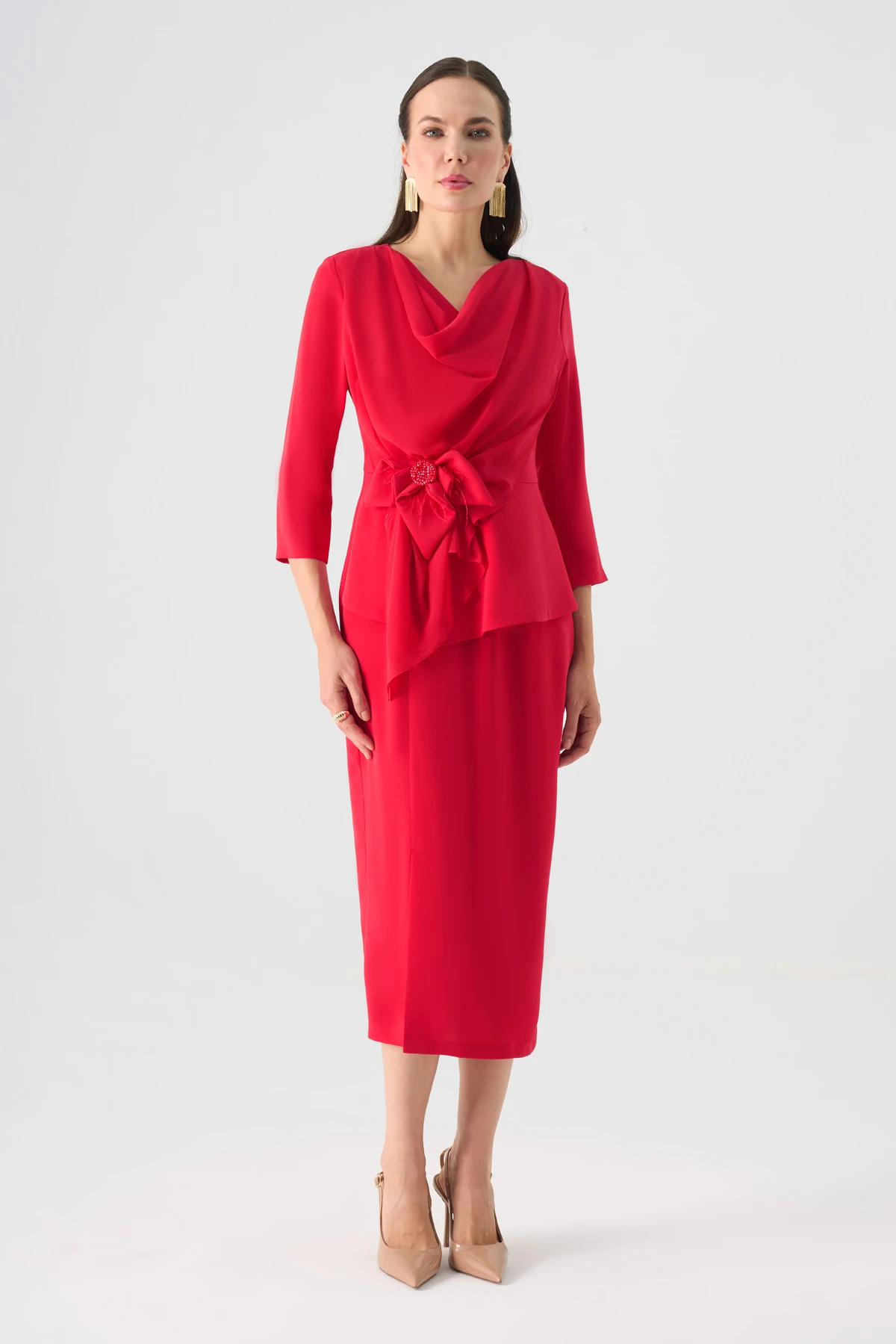 Degaje yaka şifon garnili midi elbise EL-4373