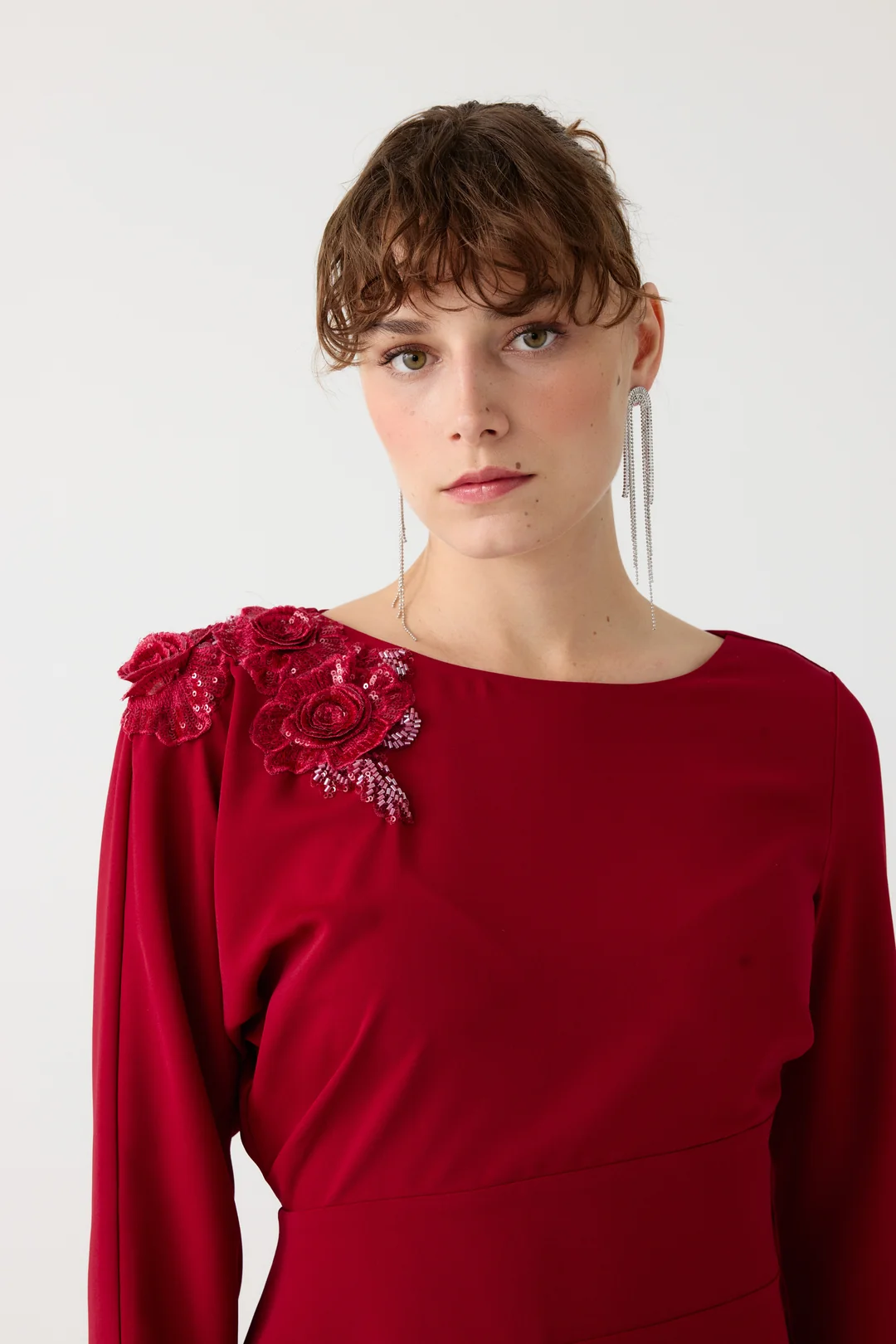 Ön yırtmaçlı tam boy elbise EL-4351 - BORDO