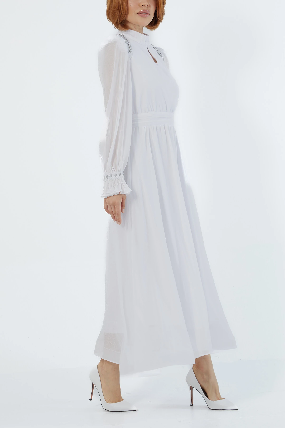 Pilise detaylı strass taşlı elbise EL-3535