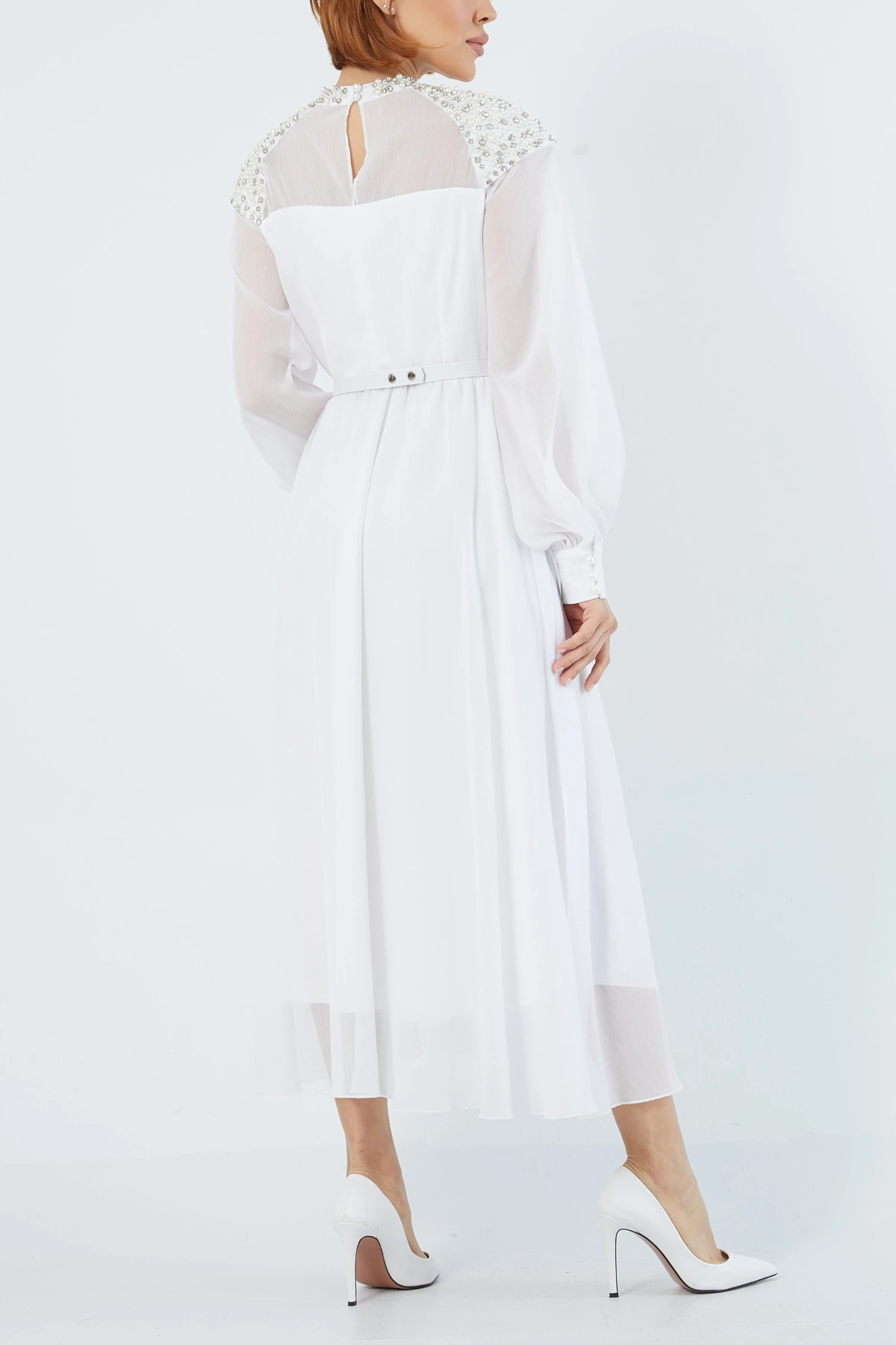 İşleme detaylı kemerli elbise EL-3569