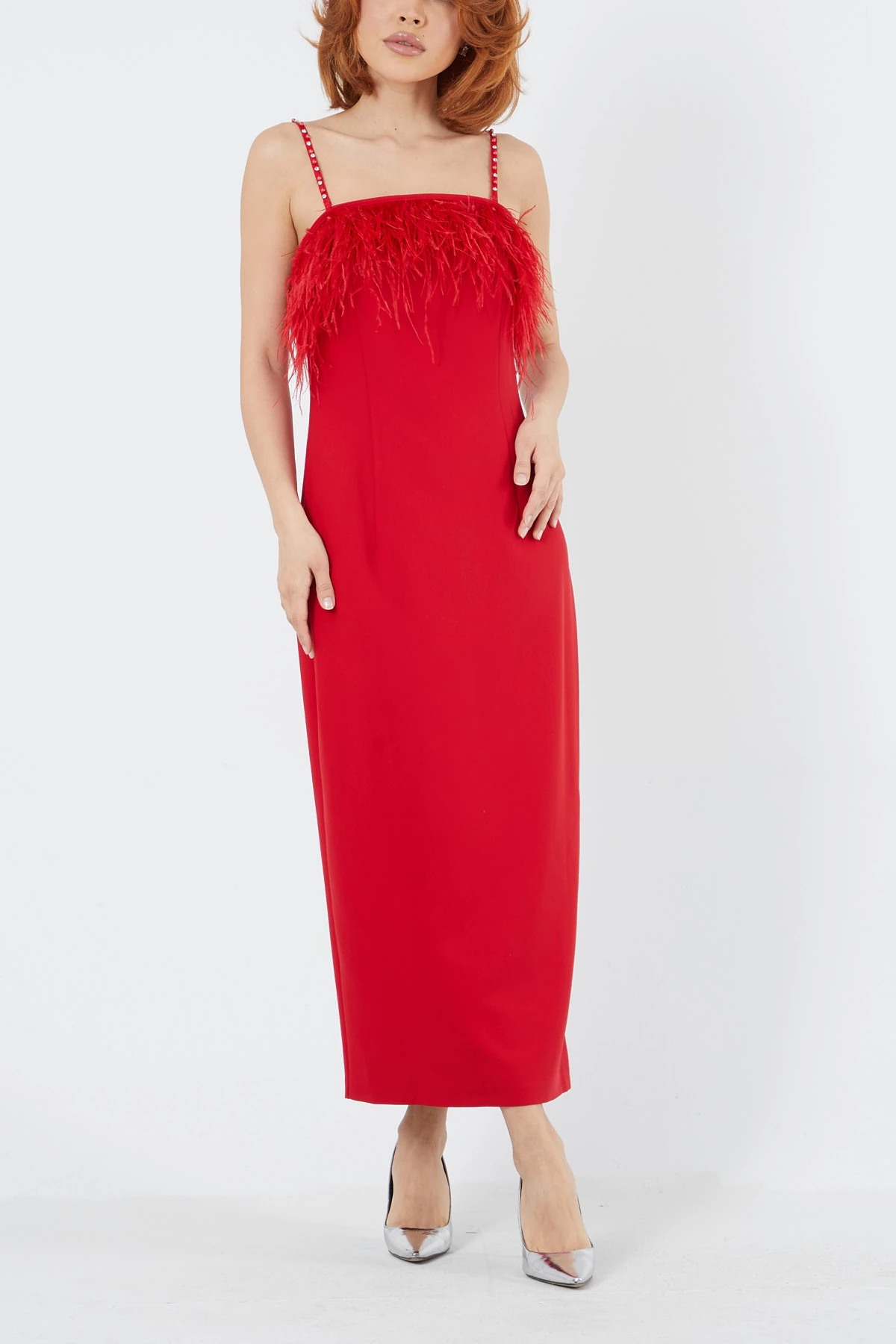 Tüy detaylı straplez midi boy elbise EL-3270