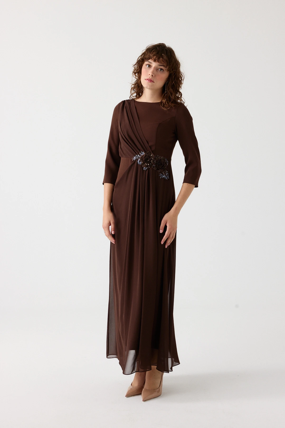 Aplikeli uzun kol elbise EL-4358