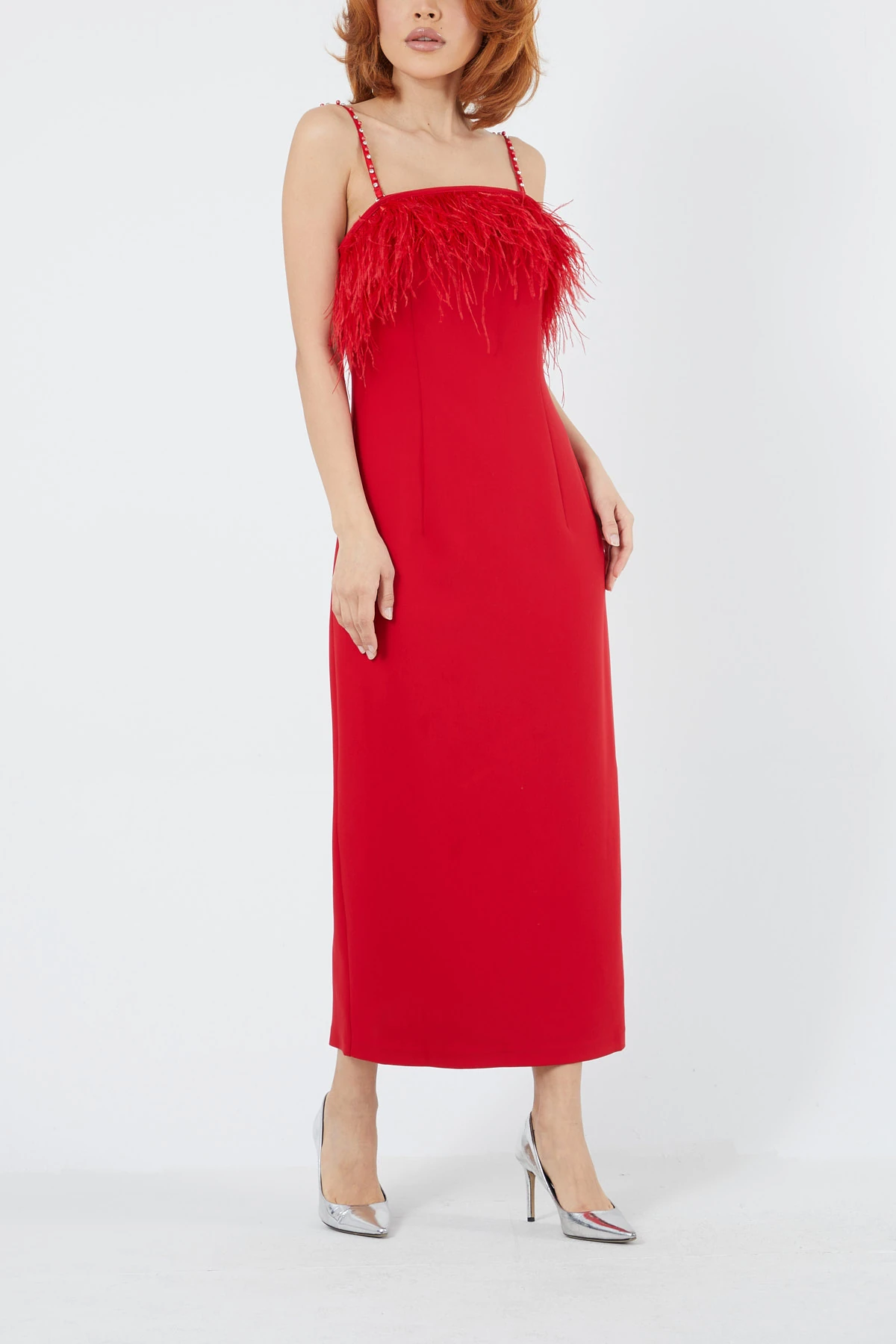 Tüy detaylı straplez midi boy elbise EL-3270