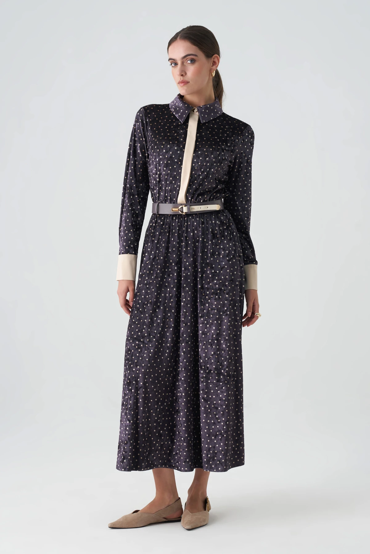 Saten garnili empirme kadife elbise EL-4437