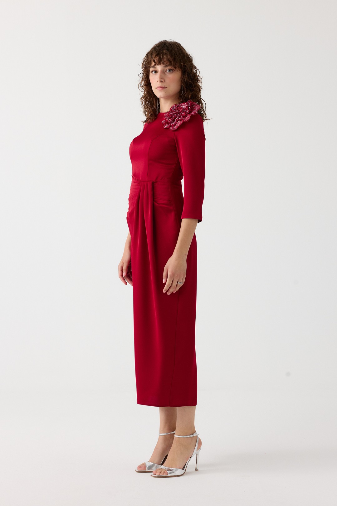 Beli piliseli kokteyl elbise EL-4355 - BORDO