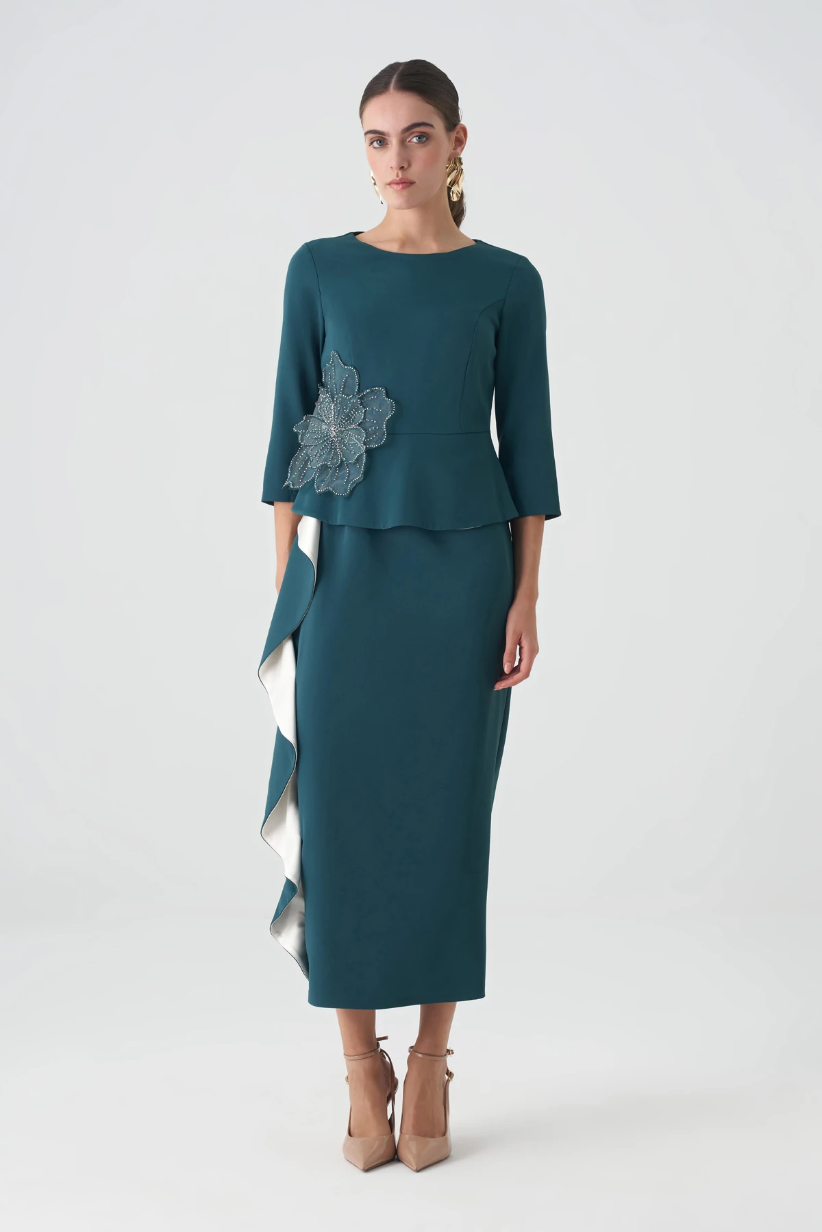 Volanlı garnili peplum saten elbise EL-4388