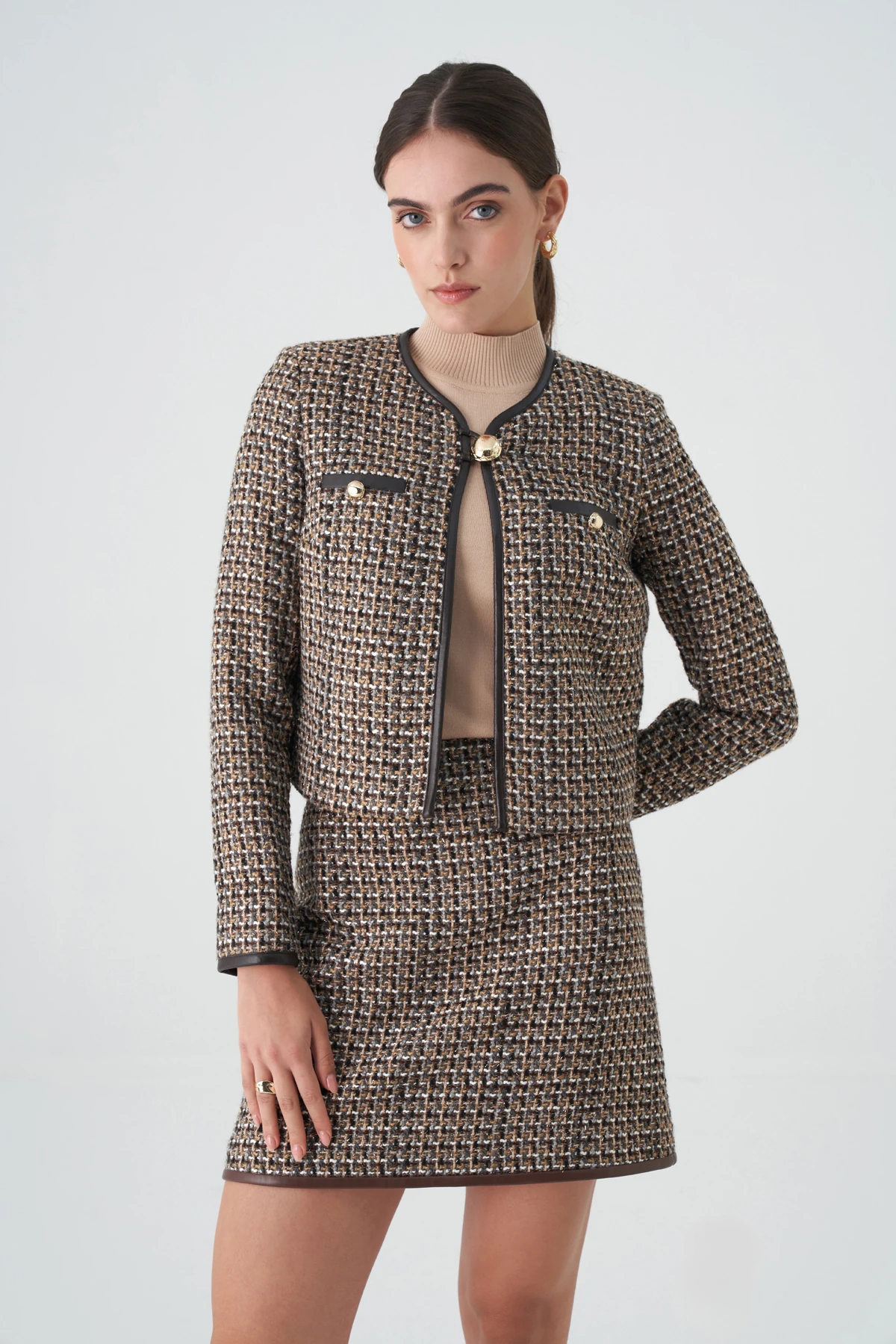 Deri biyeli tek düğmeli chanel ceket EL-1834