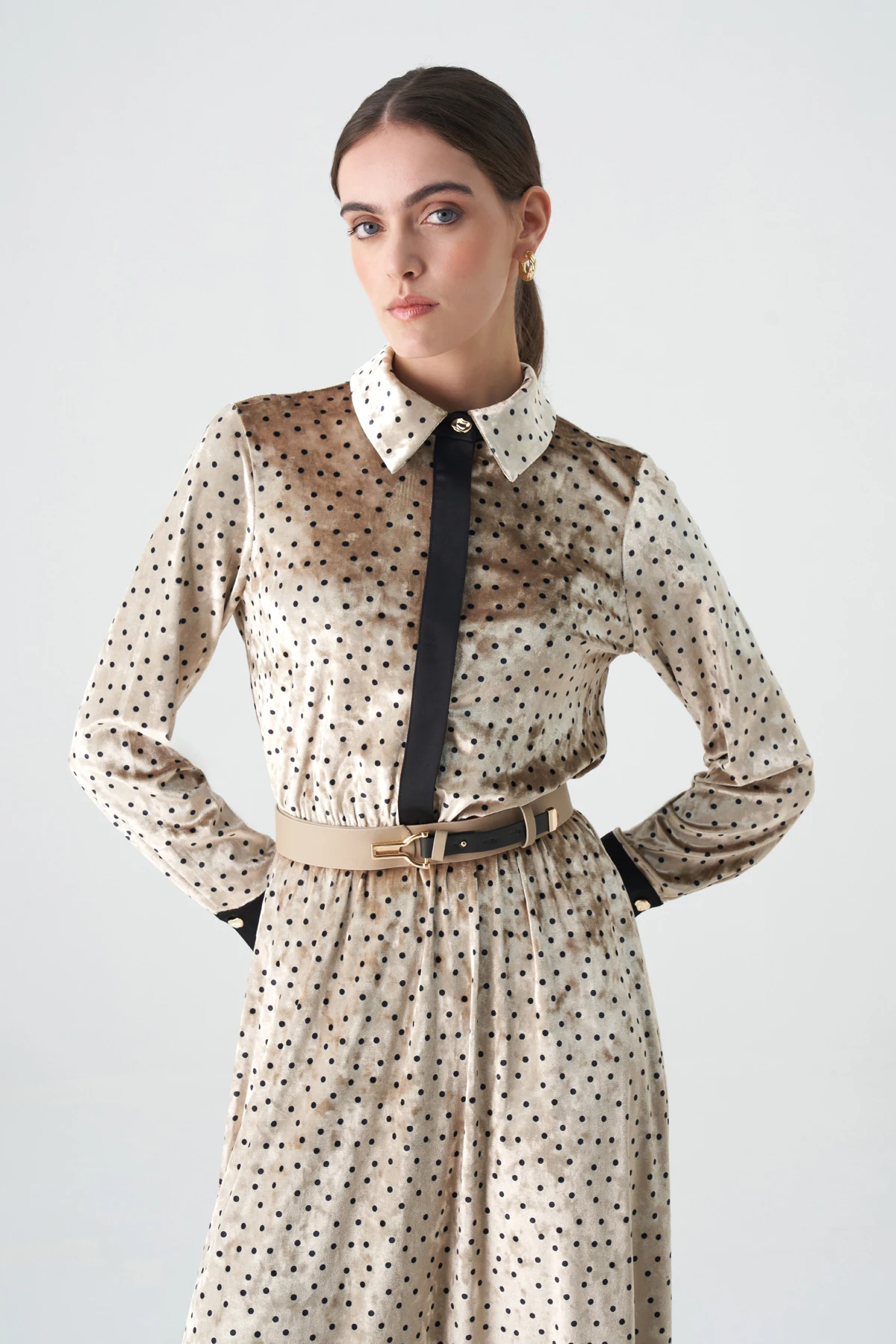 Saten garnili empirme kadife elbise EL-4437