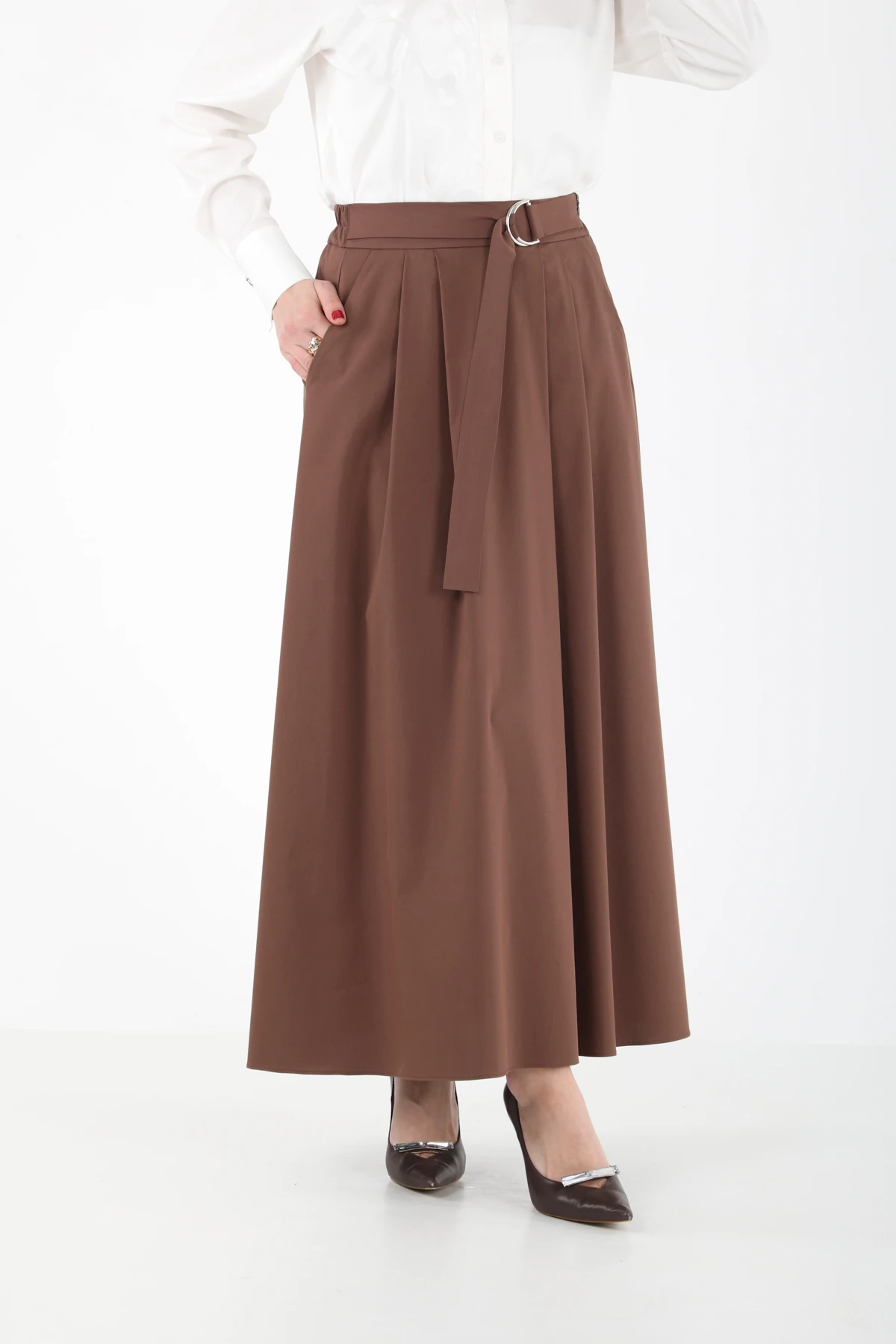 Metal aksesuarlı pileli etek EL-1194 - BEJ