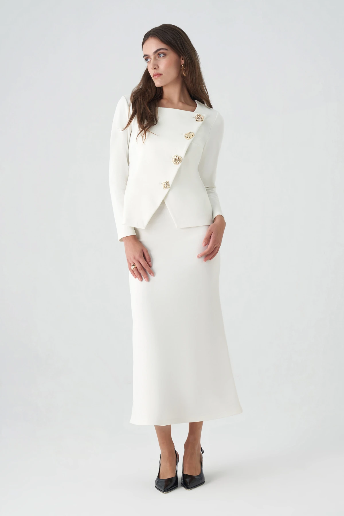 Kare yakalı asimetrik düğmeli triko takım EL-2734