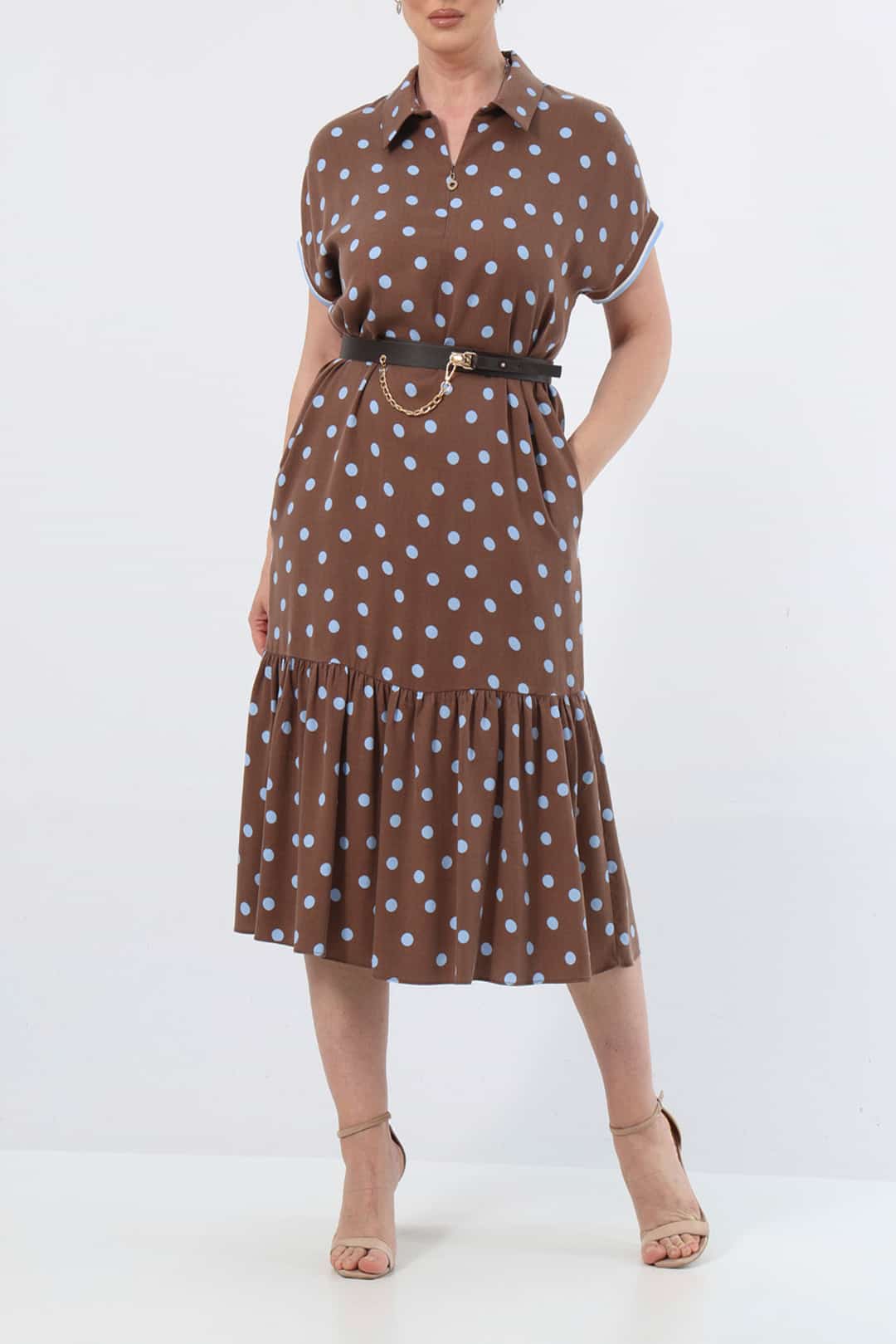 Kolu ribanali puanlı tencel elbise EL-4288-B
