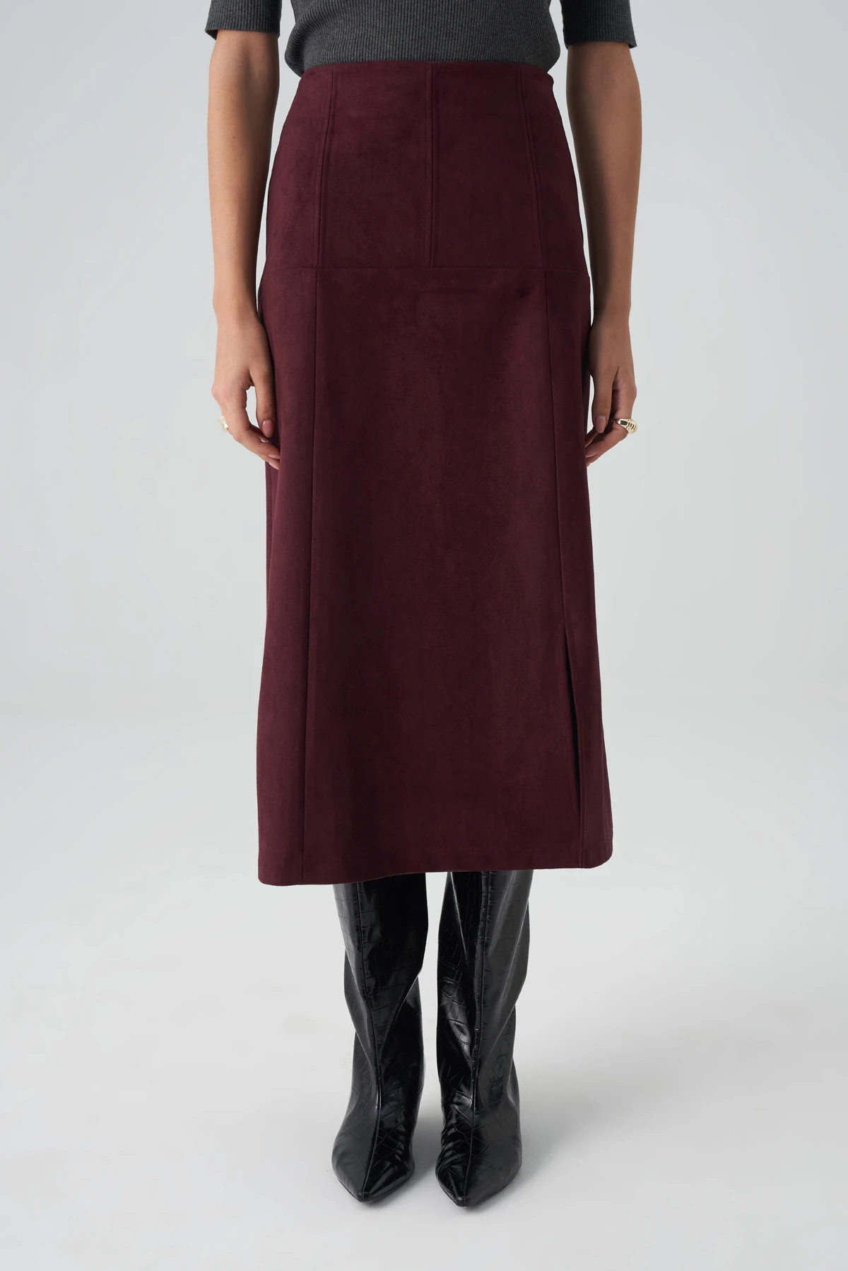 Bordo Süet Görünümlü Yüksek Bel Midi Etek