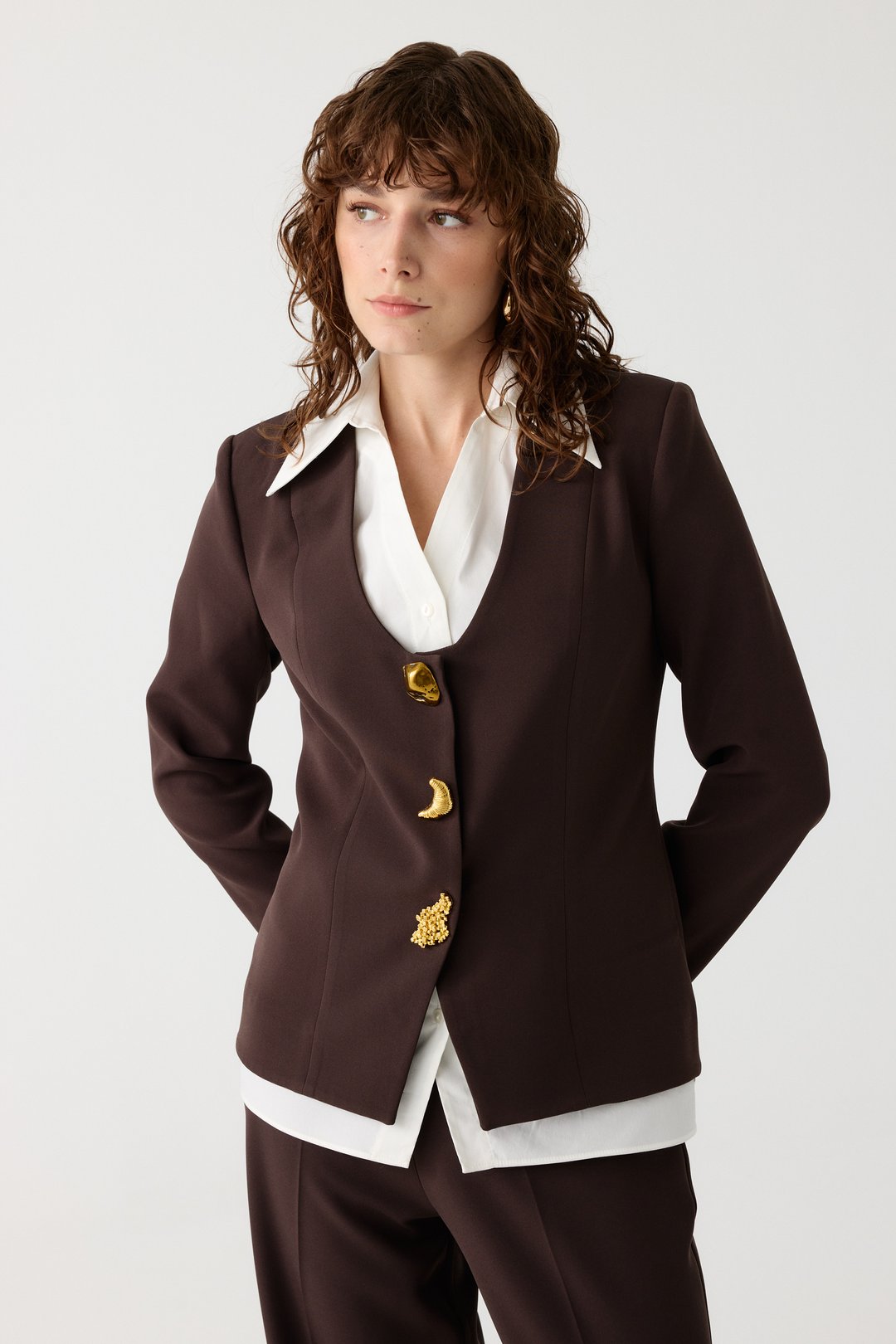 Poplin mix metal aksesuarlı takım EL-2700 - KAHVERENGİ